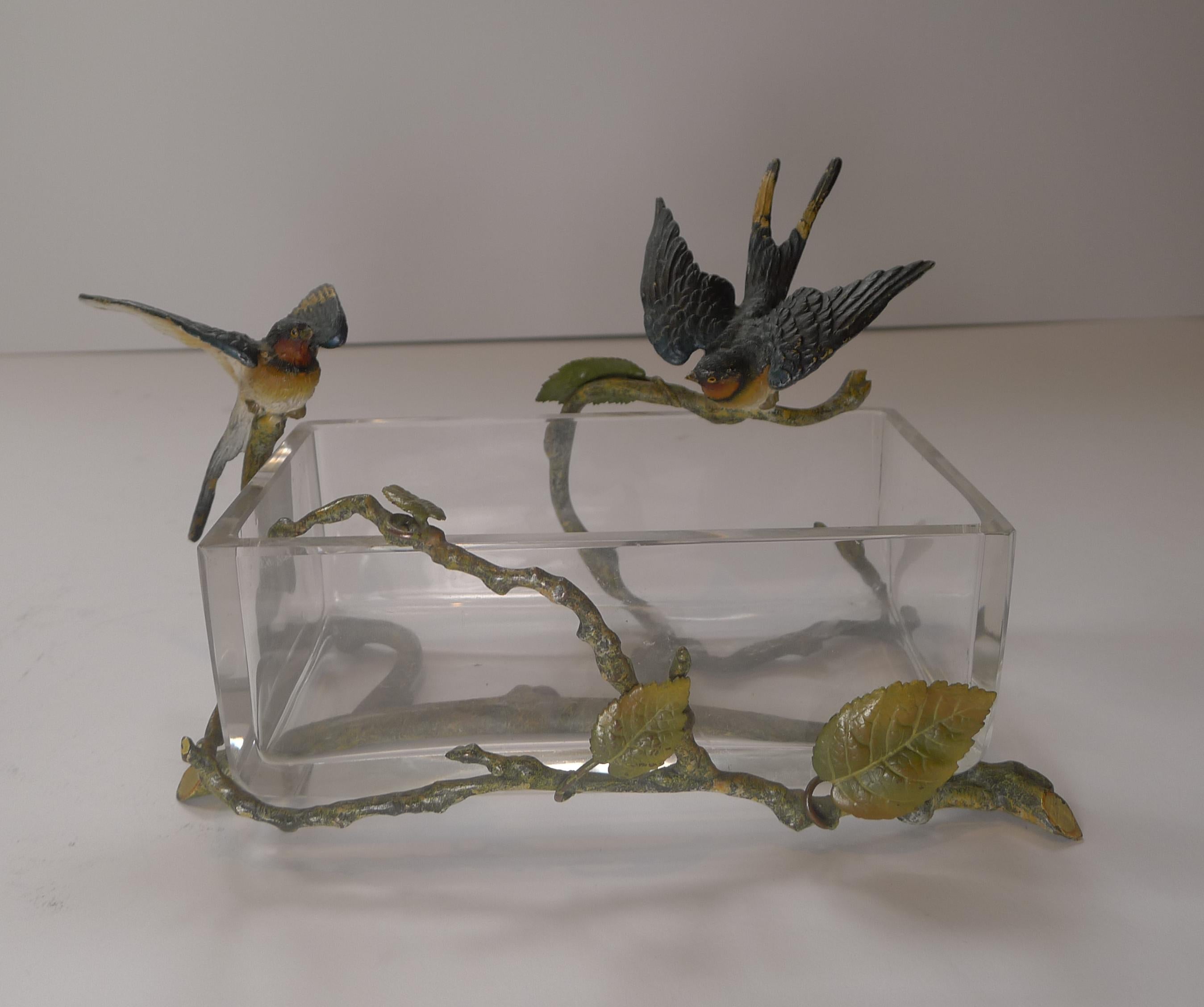 Edwardian Magnificent Crystal Box, Cold Painted Bronze Wrapped, Swallows, c.1900