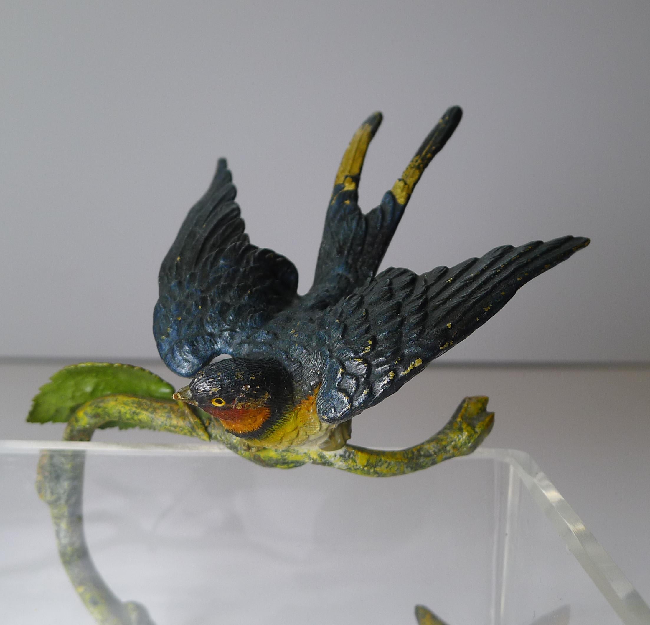 Cold-Painted Magnificent Crystal Box, Cold Painted Bronze Wrapped, Swallows, c.1900