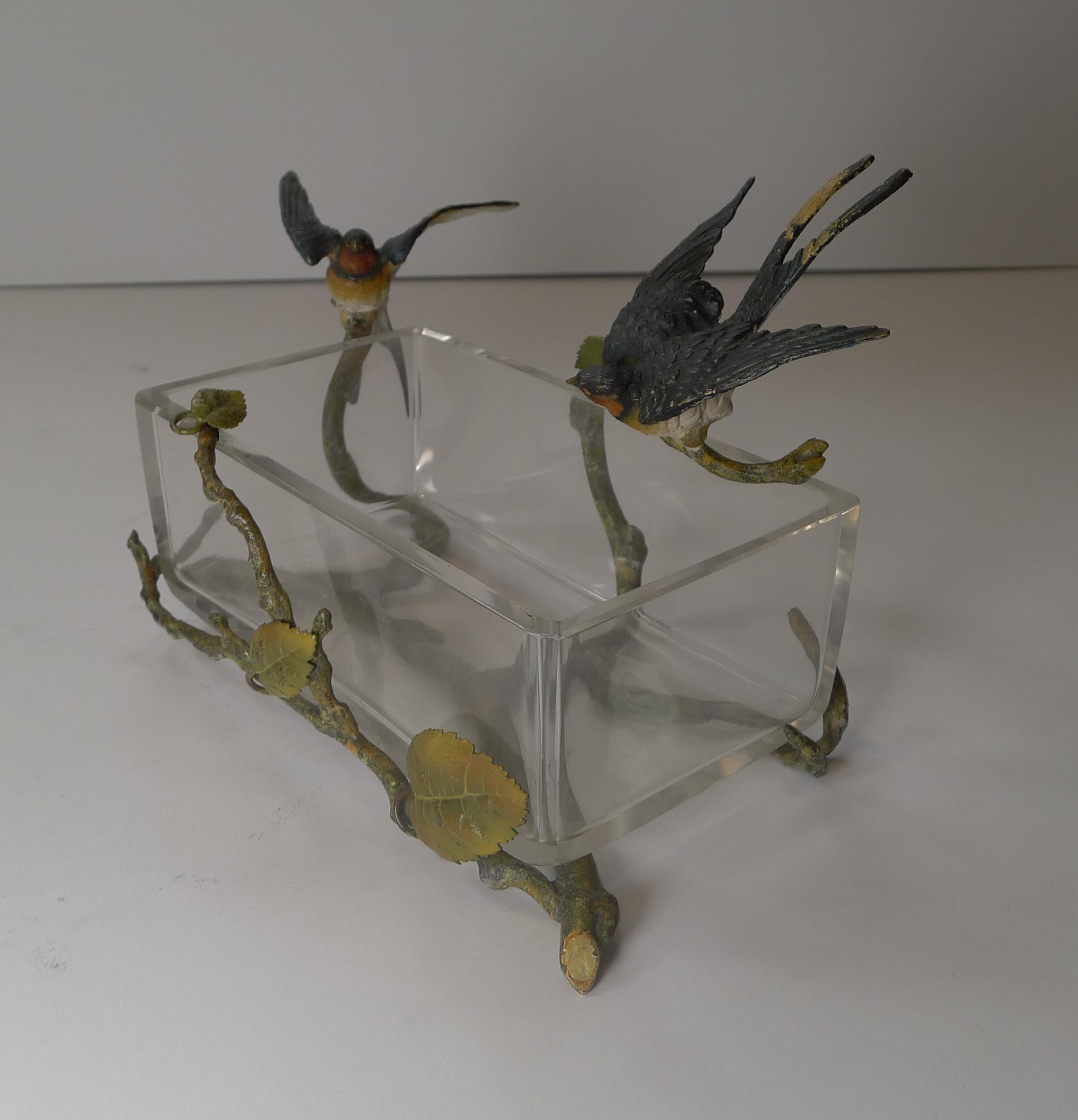 Magnificent Crystal Box, Cold Painted Bronze Wrapped, Swallows, c.1900 In Good Condition In Bath, GB