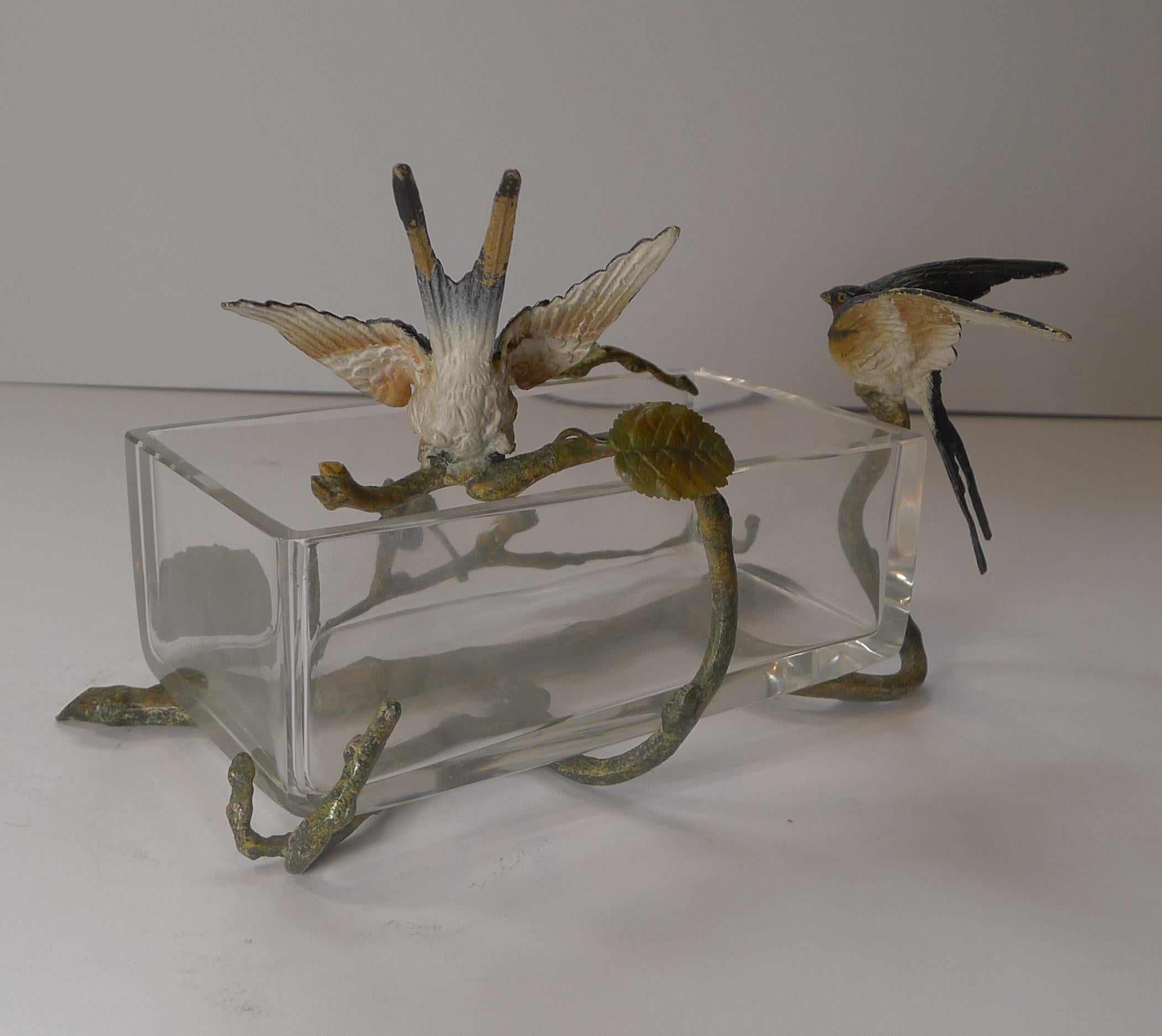 Early 20th Century Magnificent Crystal Box, Cold Painted Bronze Wrapped, Swallows, c.1900