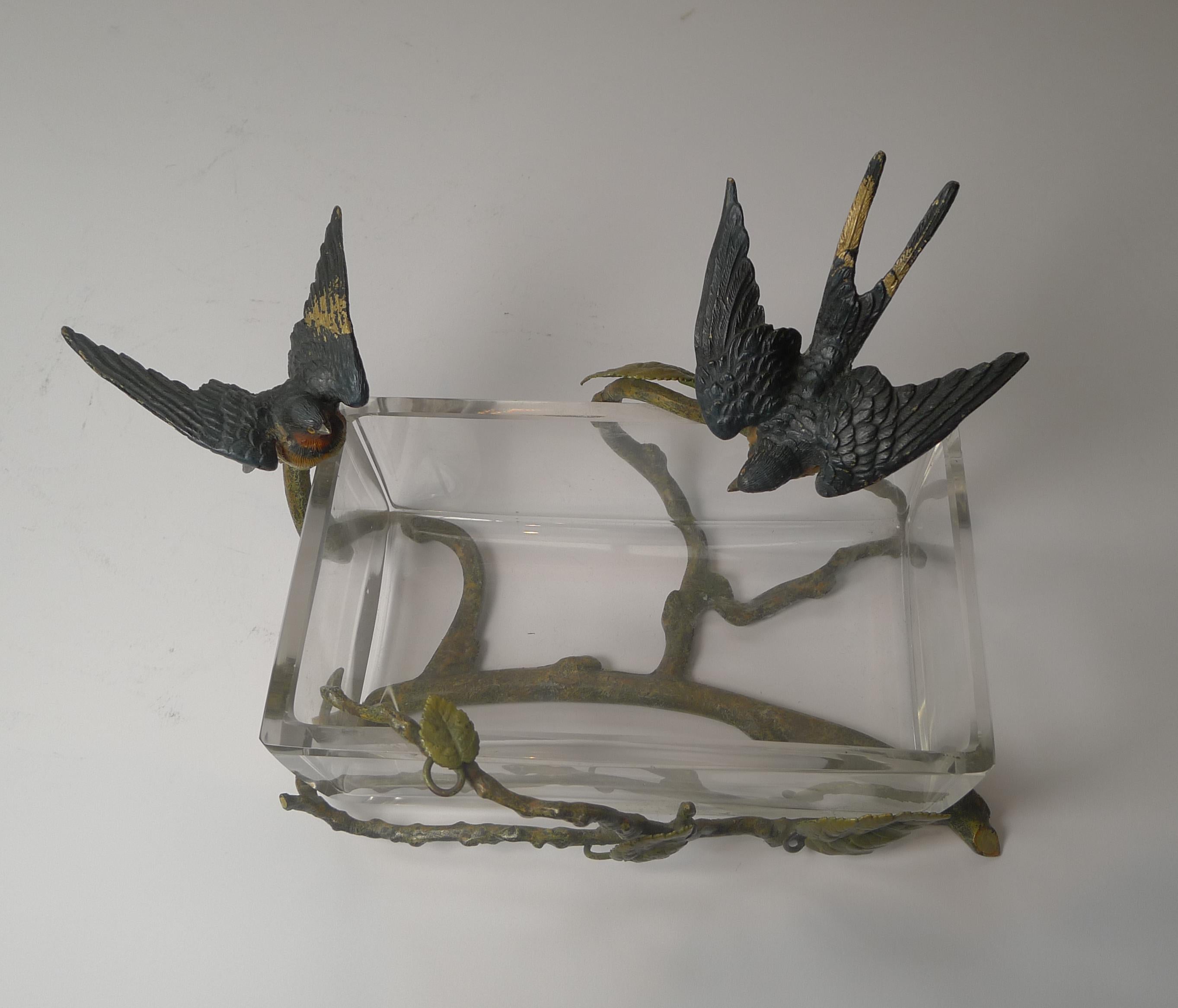 Magnificent Crystal Box, Cold Painted Bronze Wrapped, Swallows, c.1900 2