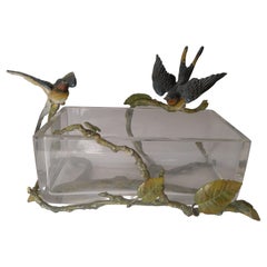 Magnificent Crystal Box, Cold Painted Bronze Wrapped, Swallows, c.1900