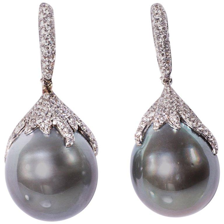Round Cut Magnificent Cultured Black South Sea Pearl and Diamond Earrings