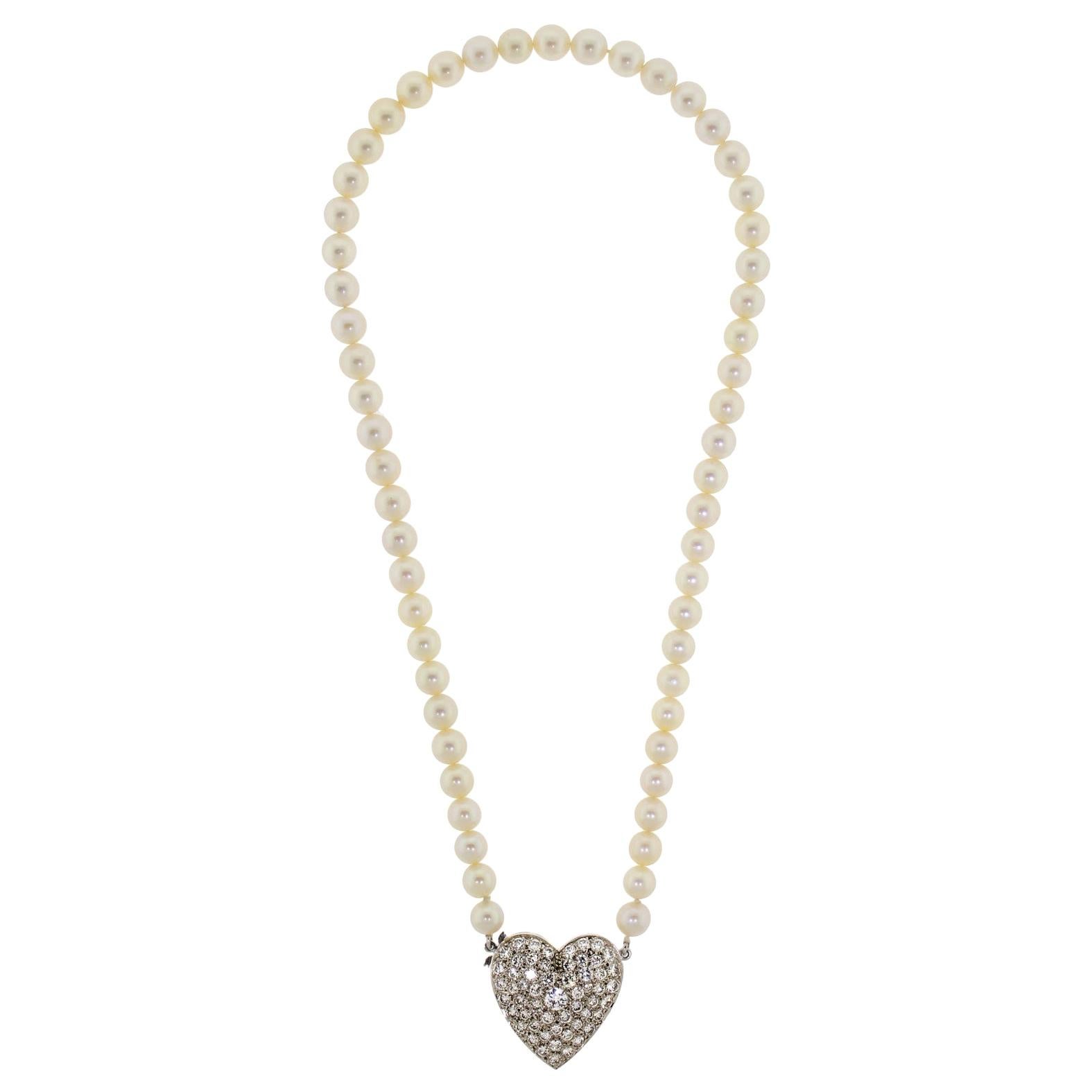 Magnificent Cultured Pearl Diamond Gold Heart Necklace For Sale