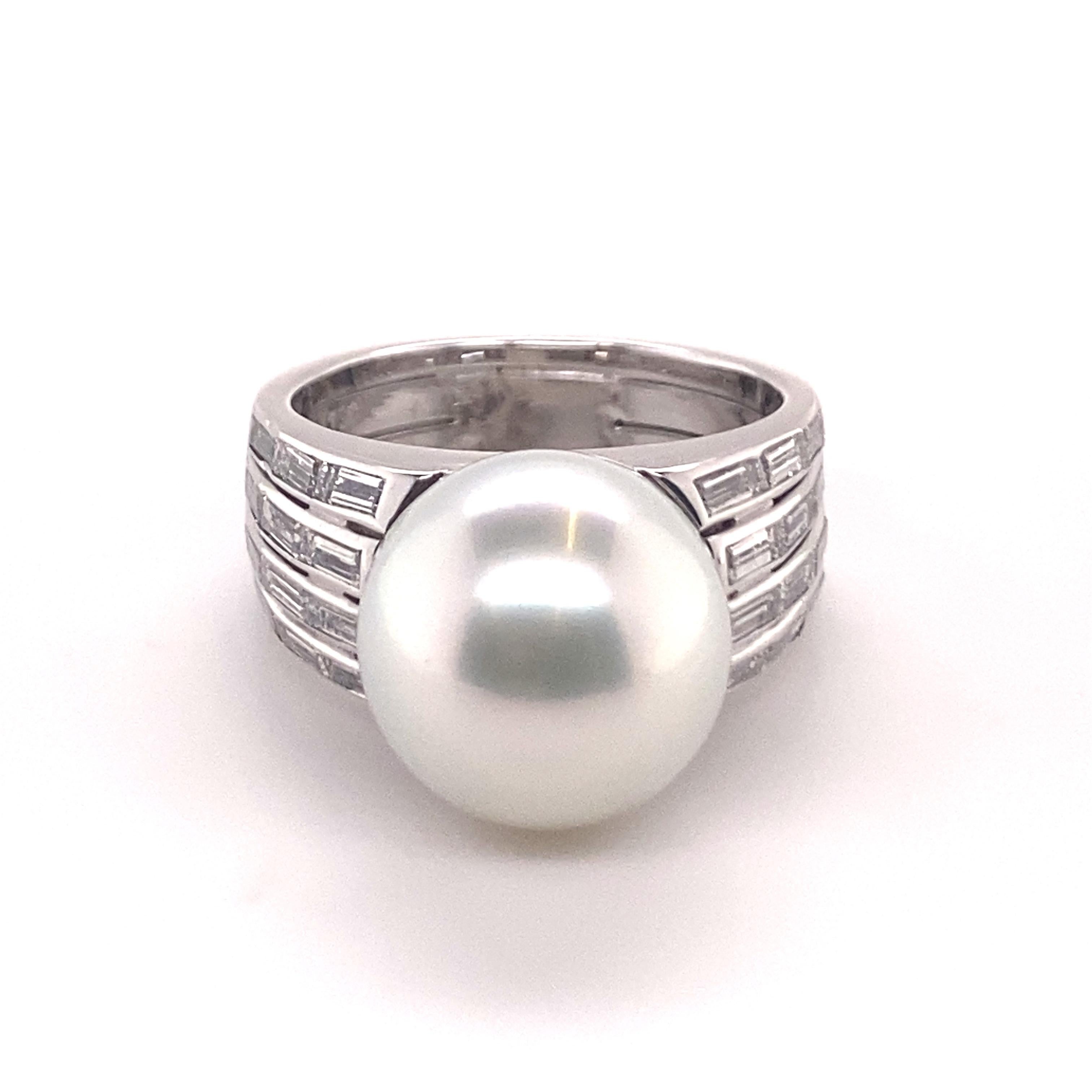 Baguette Cut Magnificent Cultured South Sea Pearl and Diamond Ring in White Gold For Sale
