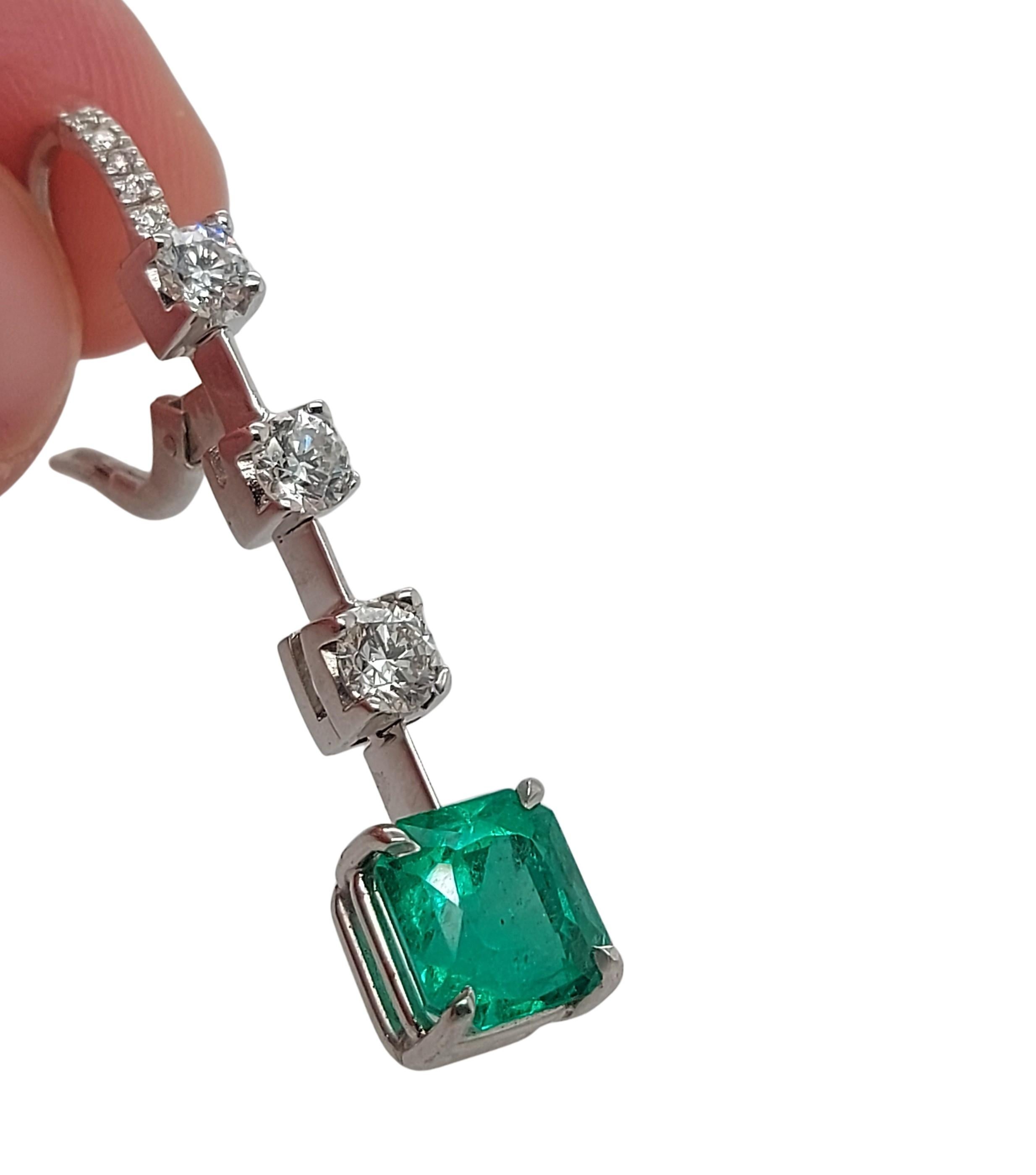 Octagon Cut Magnificent Dangling Earrings with 5.29ct Colombian Emerald, 1.51ct Diamonds For Sale