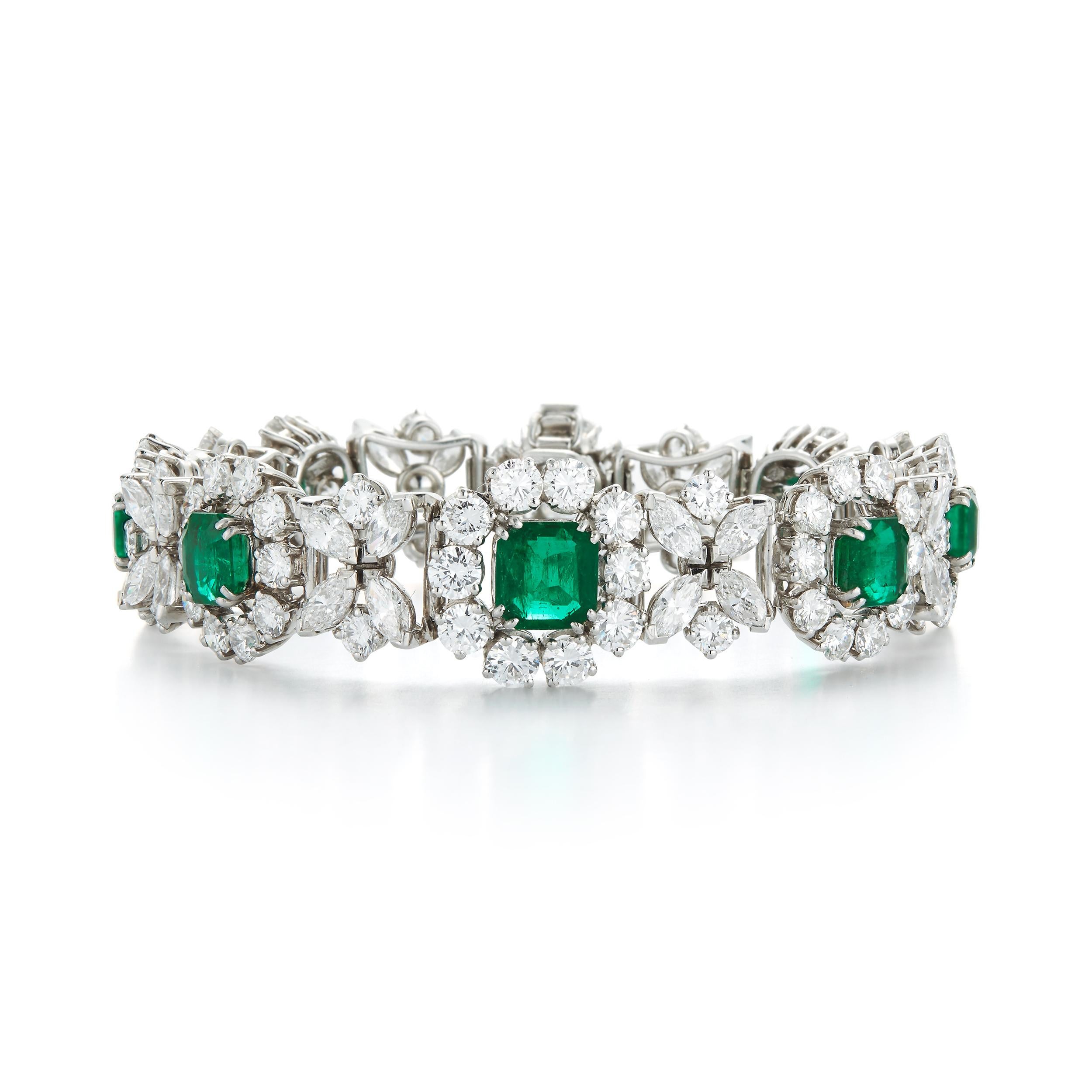 Magnificent Diamond & Colombian Emerald Platinum Bracelet. Set with seven Colombian Emeralds, total weight 10.10 carat and 19.05 carat of Diamond, F color VVS clarity. The Bracelet was Certified by the GIA.