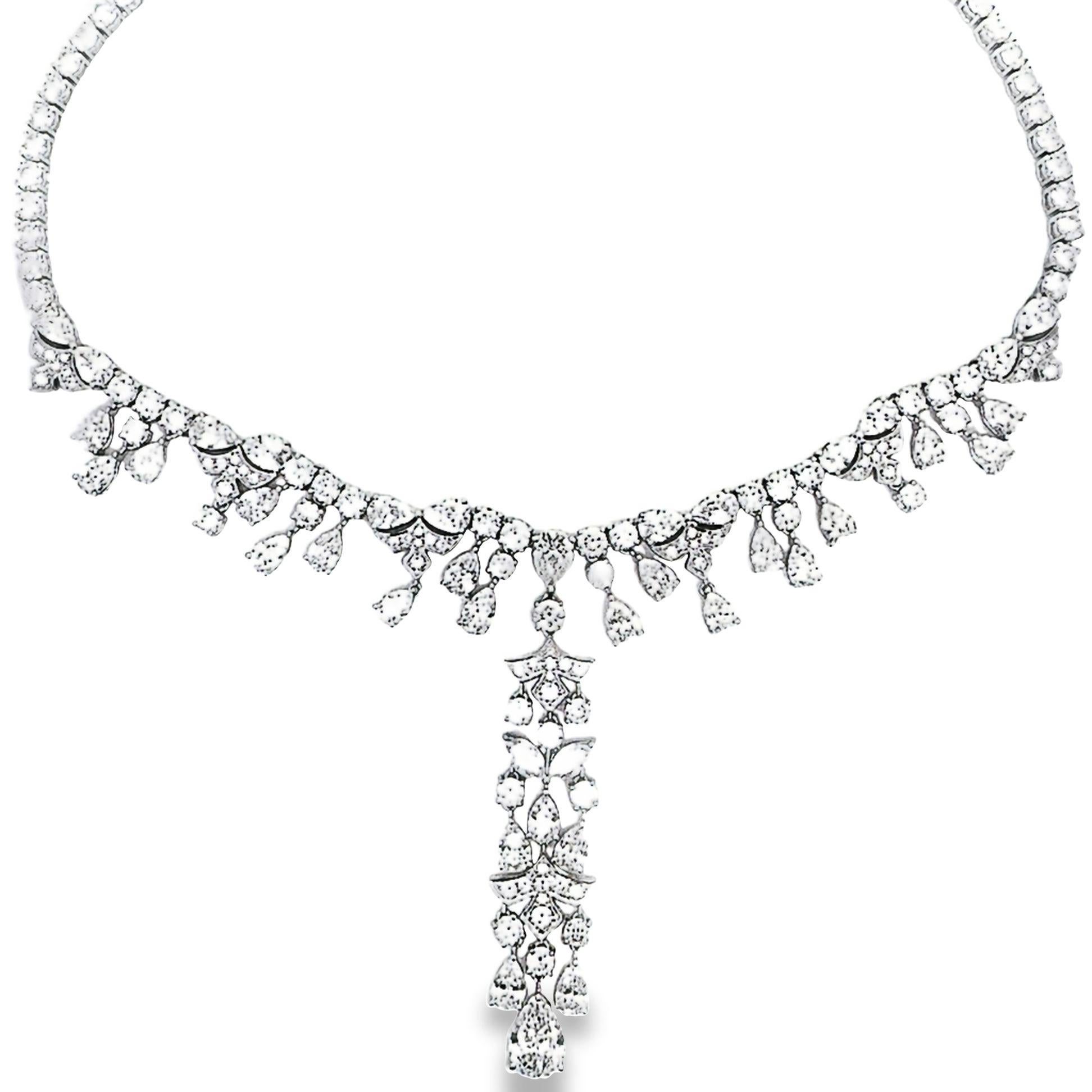 The ultimate diamond evening wear necklace. Featuring a total of 59.44 carats of diamonds this necklace is ready to grace any ballroom outfit. The largest diamond on the necklace is the pear shaped diamond on the end of the drop which weights 2.77