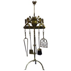 Antique Magnificent Dutch Polished Brass Fireplace Tool Set