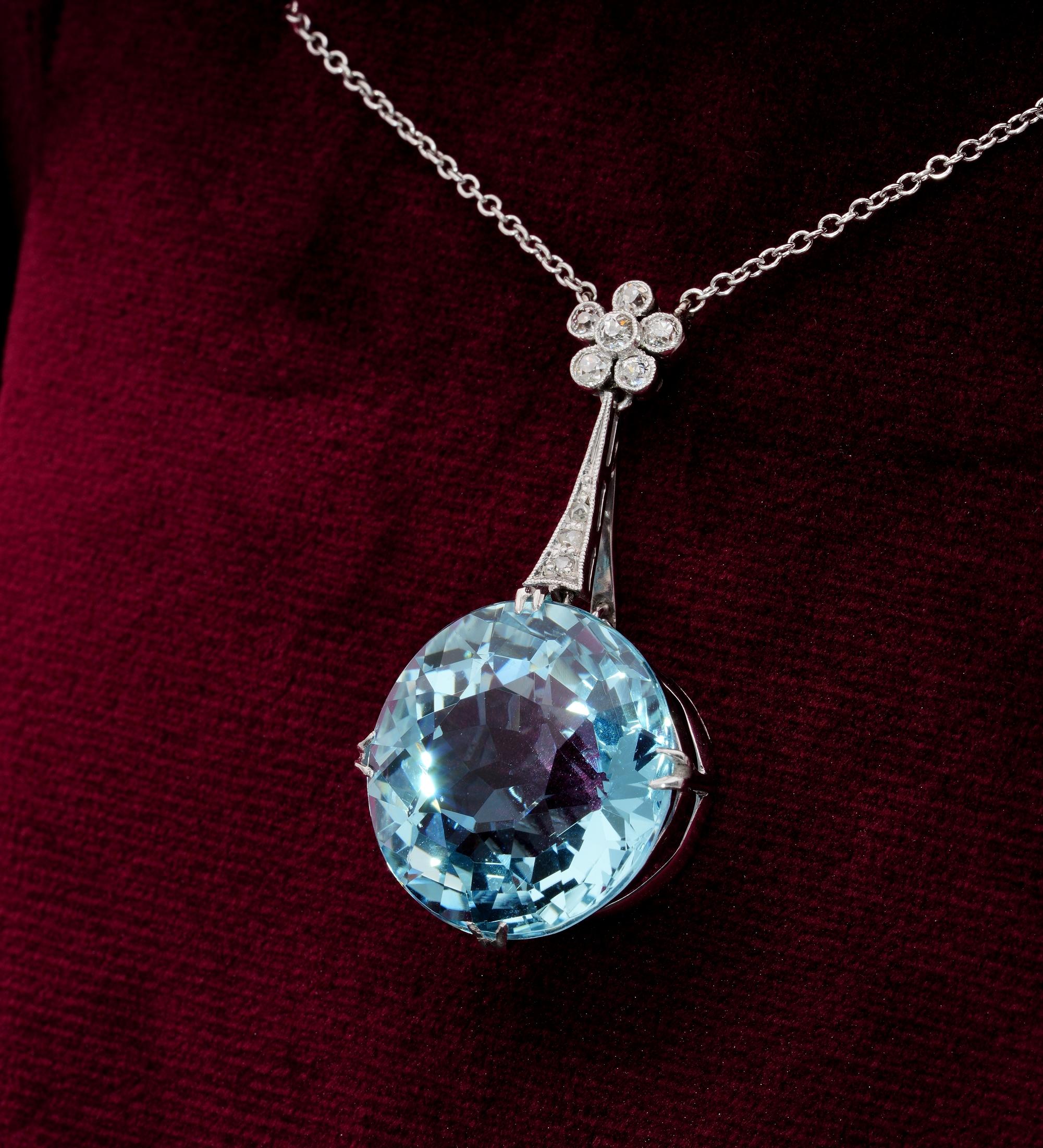 Magnificent Early Art Deco 20.00 ct Natural Aquamarine Diamond Platinum Necklace For Sale 1