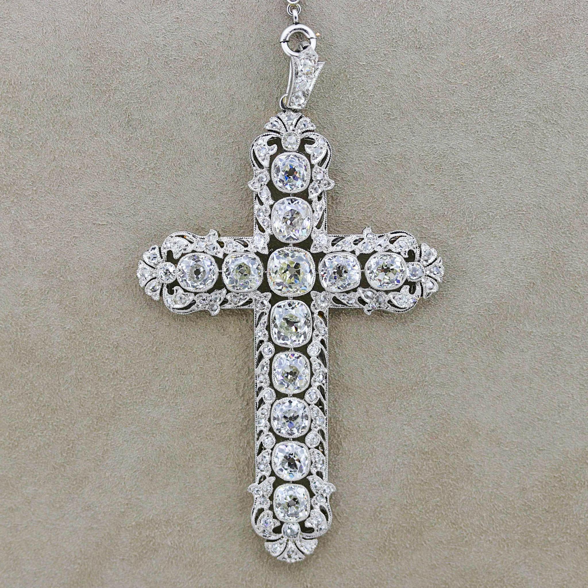 Mixed Cut Magnificent Edwardian Diamond Platinum Cross Necklace For Sale