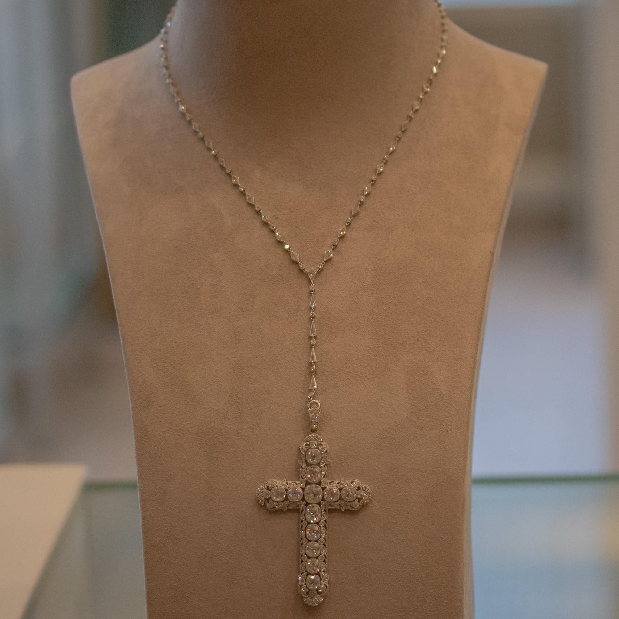 Magnificent Edwardian Diamond Platinum Cross Necklace For Sale 1