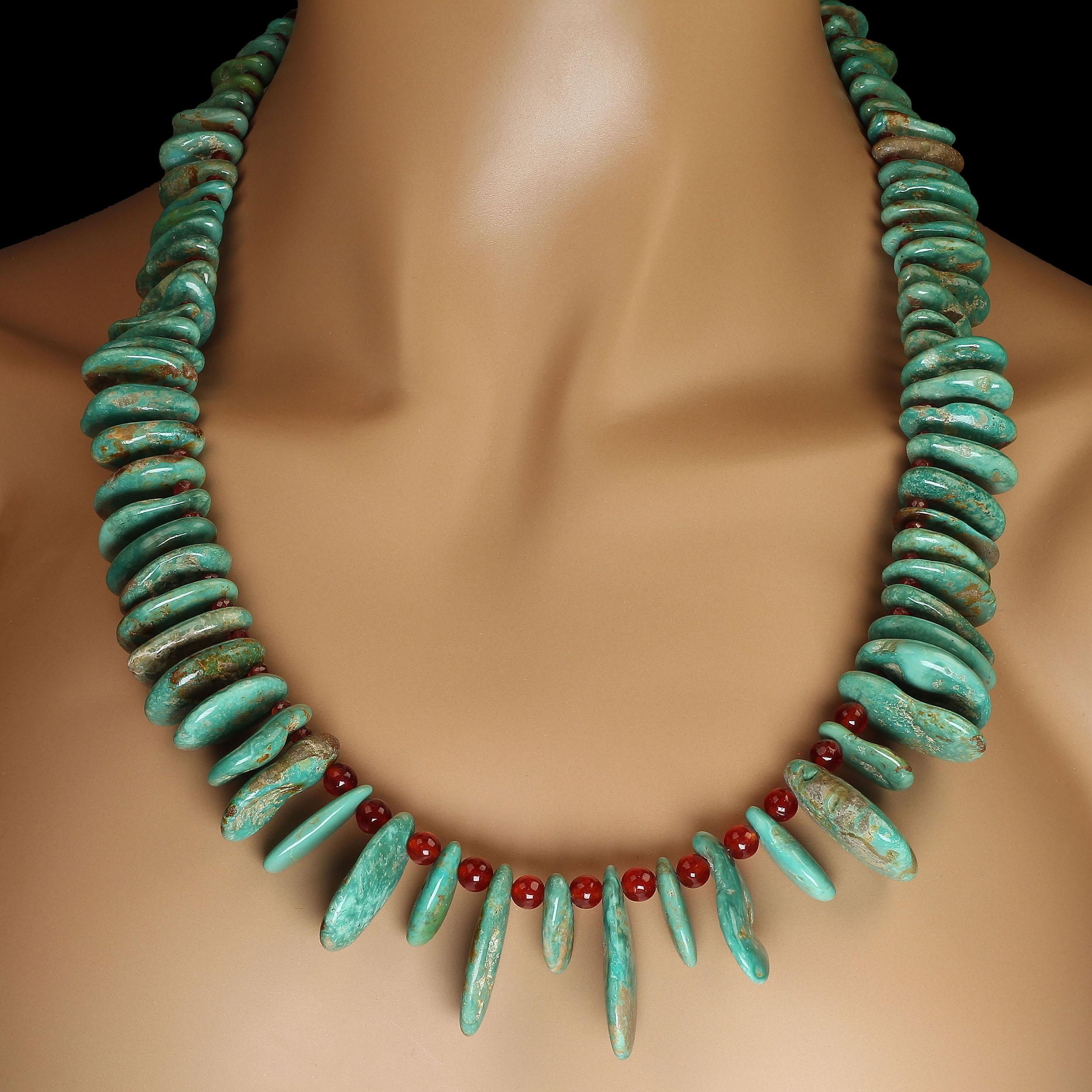 One of a kind, 24 inch Elisa Turquoise necklace. These gorgeous teardrops are graduated from 17 X 8 to 33 x 18 MM. Their unique natural blue green color is enhanced with the faceted orange sapphires and highly polished round carnelians. This