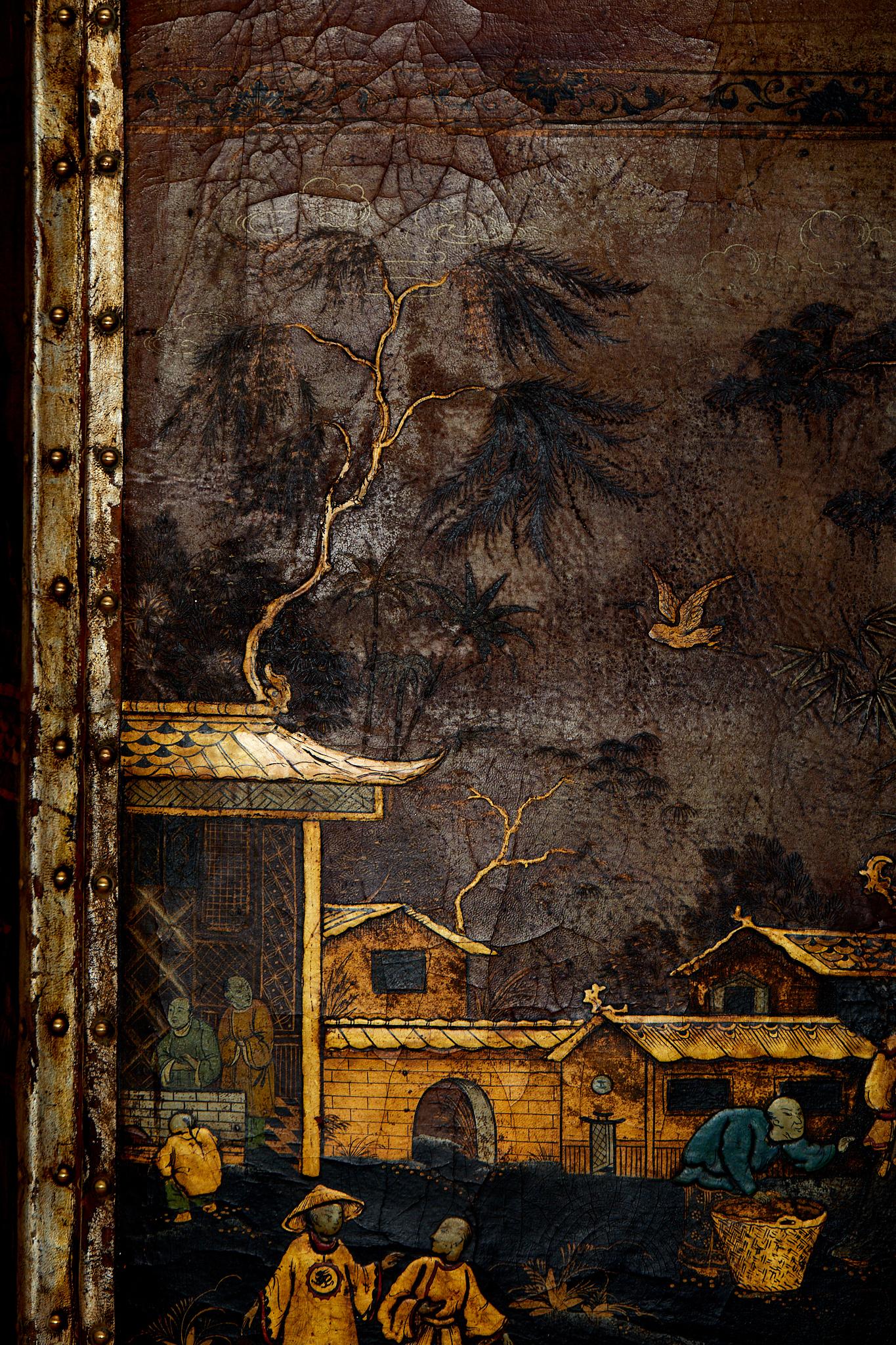 French Magnificent embossed leather screen with four-leaf China decoration, circa 1800.
