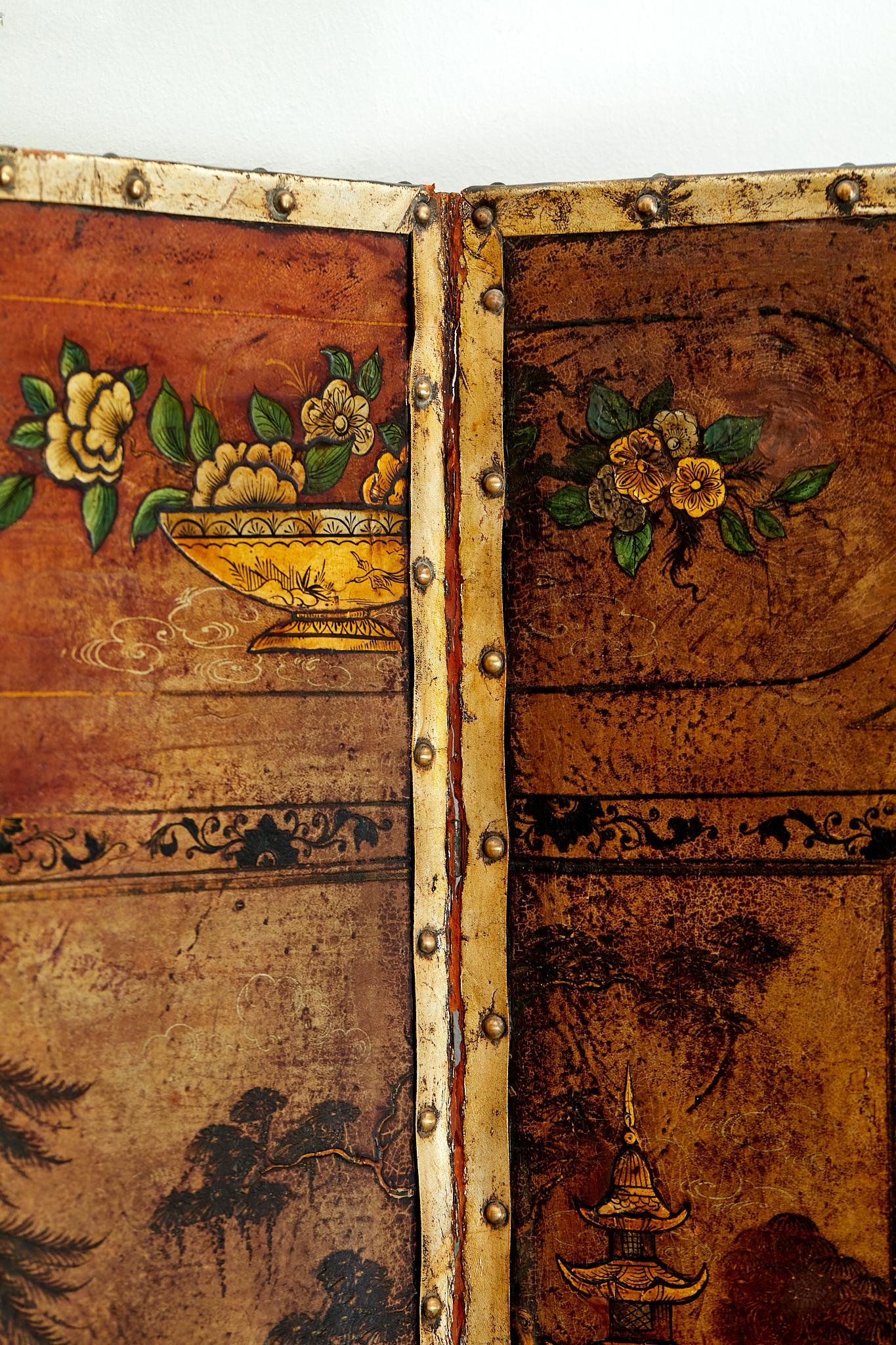 19th Century Magnificent embossed leather screen with four-leaf China decoration, circa 1800.