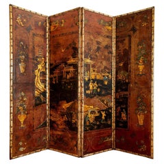Magnificent embossed leather screen with four-leaf China decoration, circa 1800.