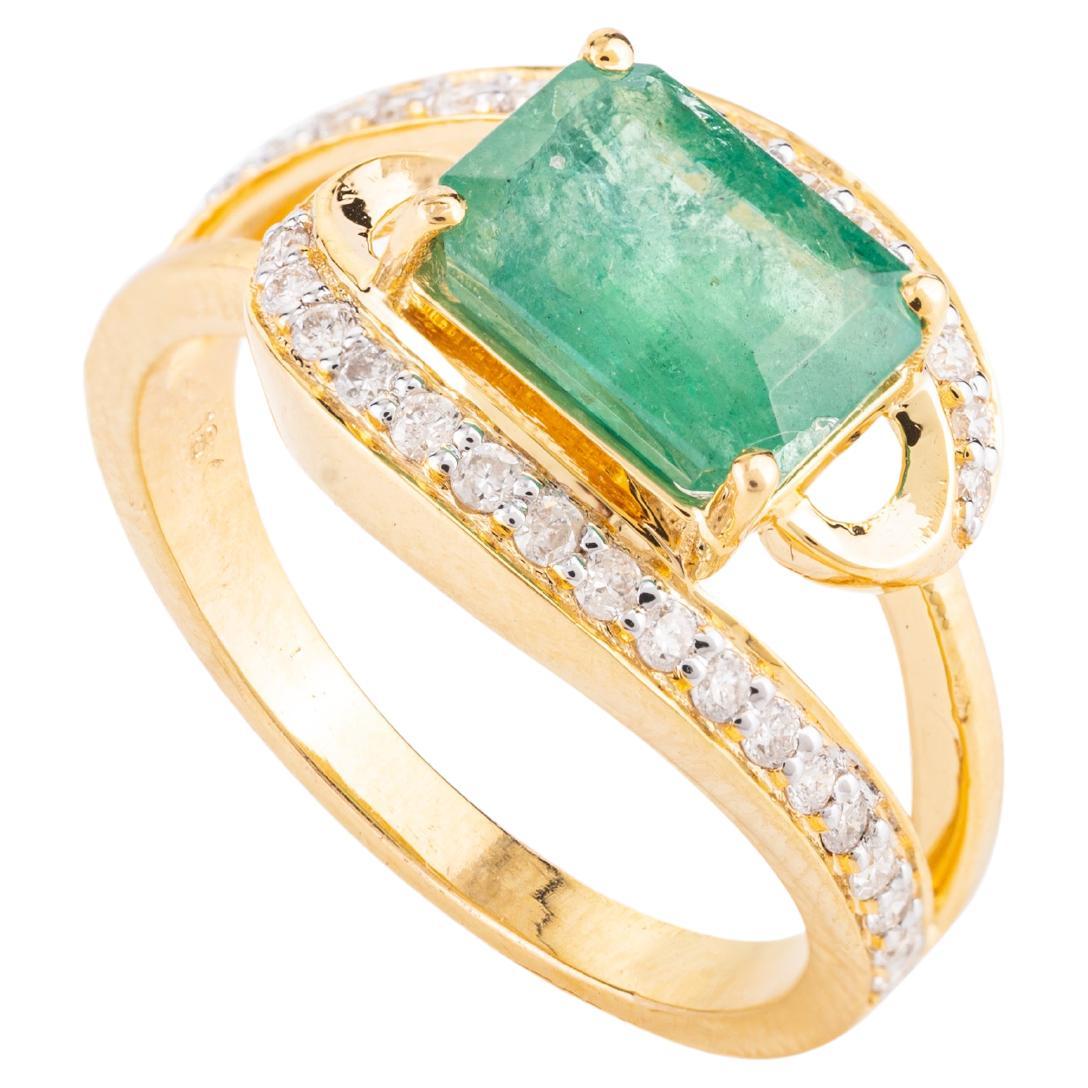 For Sale:  Magnificent Emerald and Diamond Wedding Ring in 18k Solid Yellow Gold