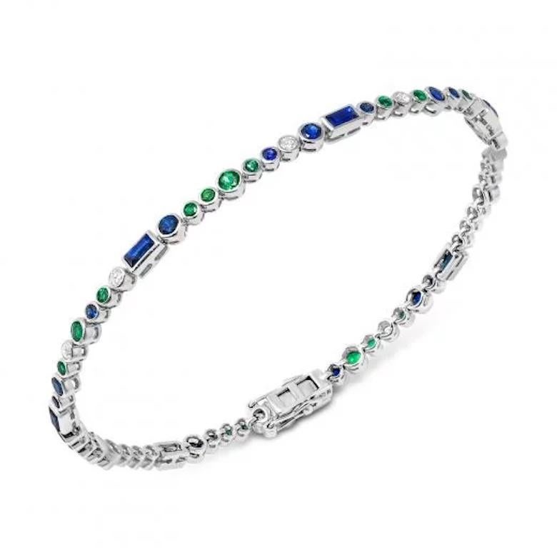 Bracelet White Gold 14K
Weight - 6,22 grams
Size  18 cm
Diamond 11-RND 57-0,33 ct
Blue Sapphire 6-0,94 ct 
Blue Sapphire 23-1,35 ct
Emerald 22--0,71 ct 

With a heritage of ancient fine Swiss jewelry traditions, NATKINA is a Geneva-based jewelry