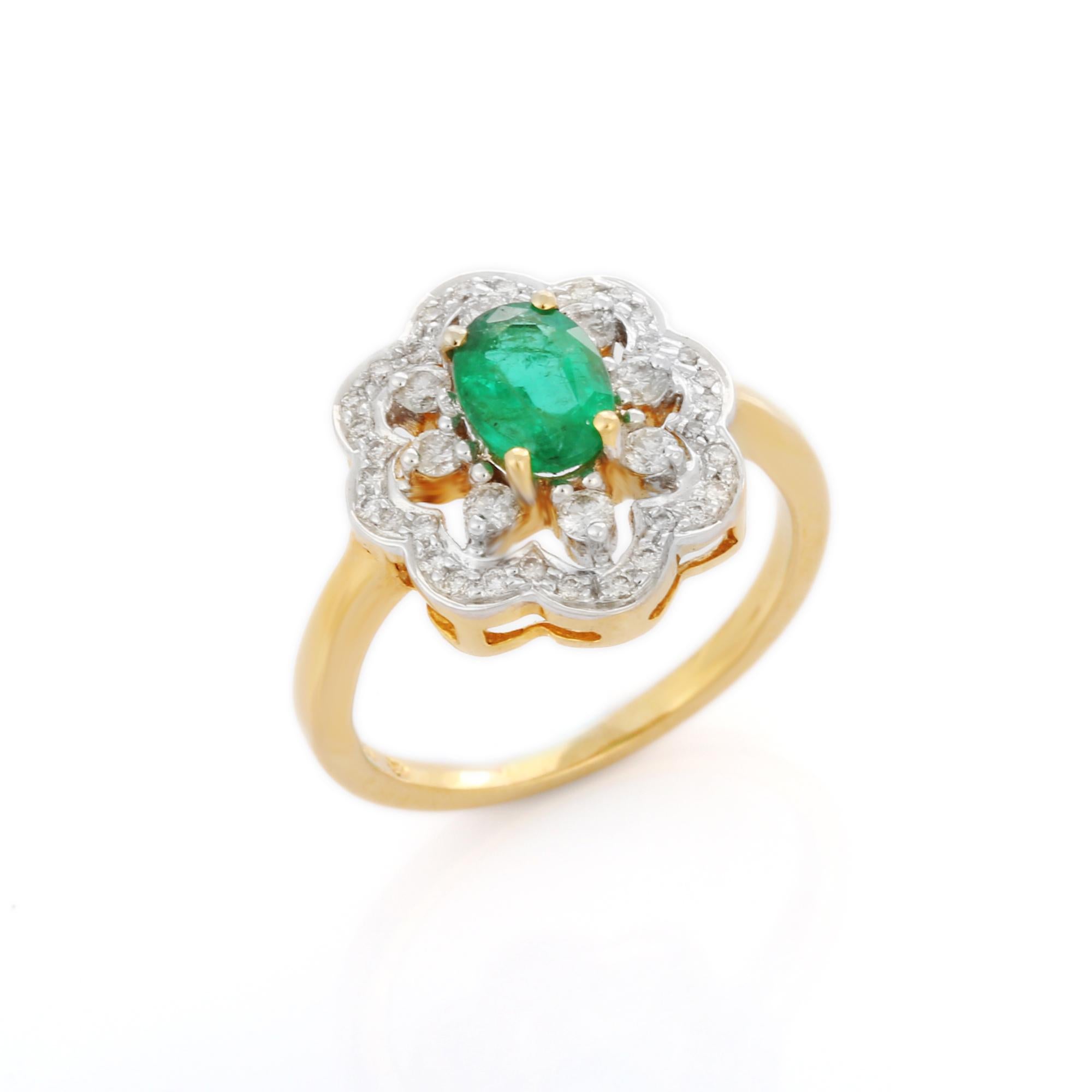 For Sale:  Big Floral Oval Cut Emerald and Diamond Cocktail Ring in 18K Yellow Gold 2