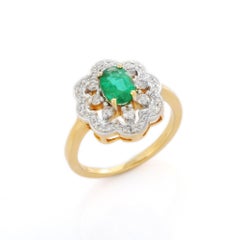 Big Floral Oval Cut Emerald and Diamond Cocktail Ring in 18K Yellow Gold