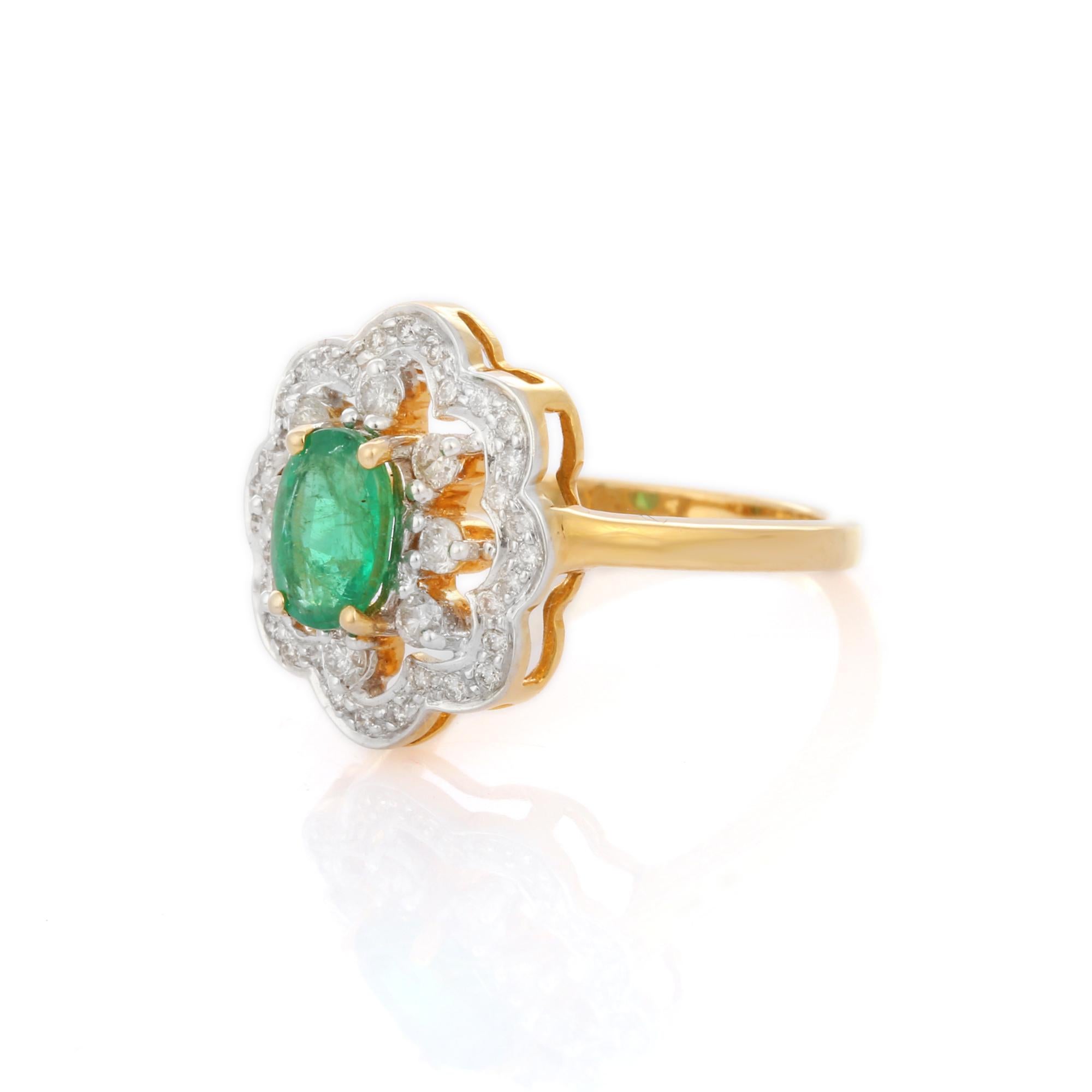 For Sale:  Big Floral Oval Cut Emerald and Diamond Cocktail Ring in 18K Yellow Gold 4