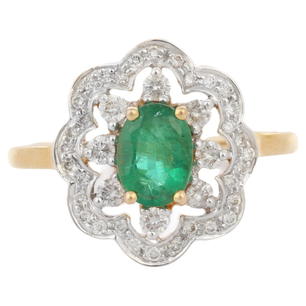 For Sale:  Big Floral Oval Cut Emerald and Diamond Cocktail Ring in 18K Yellow Gold