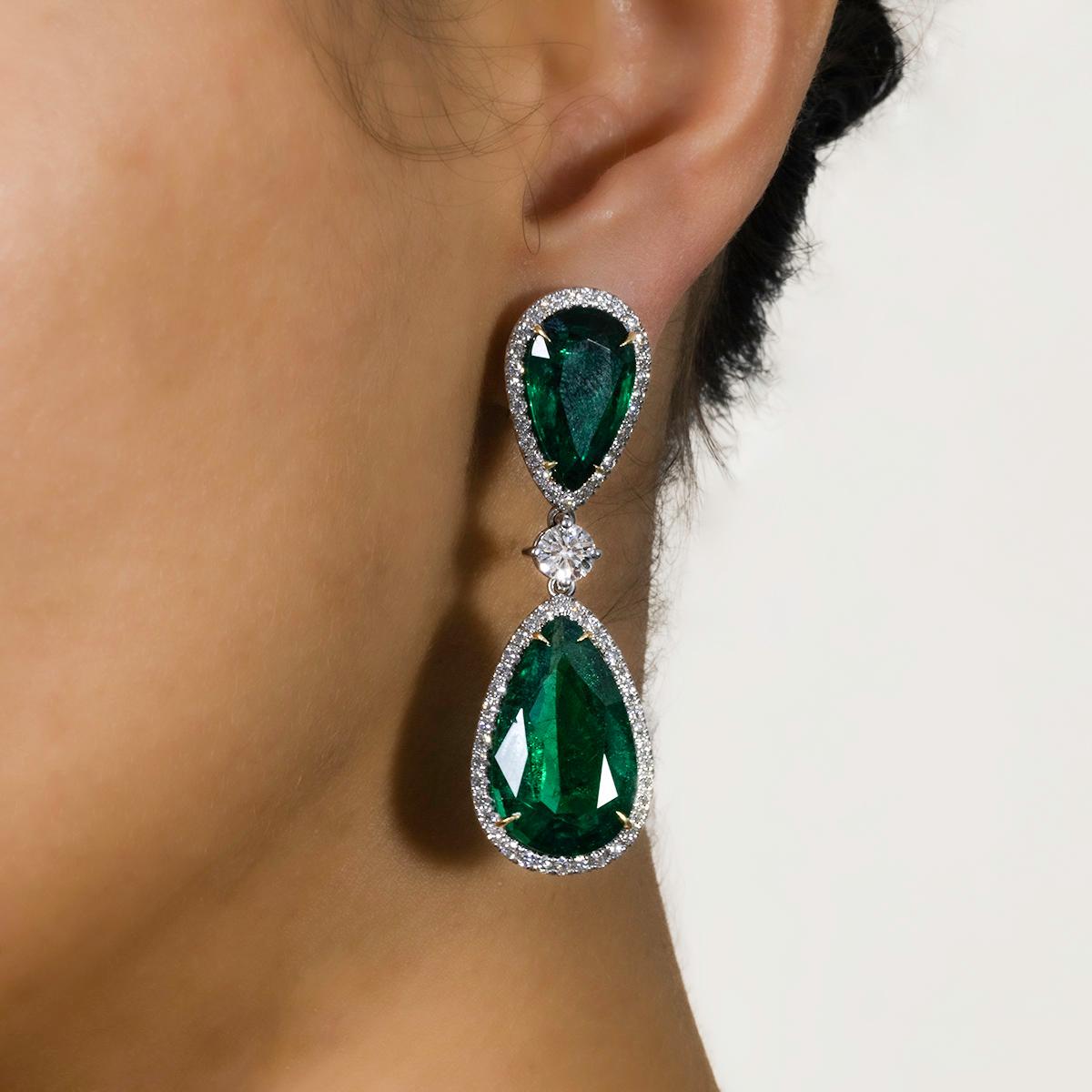 Pear Cut Magnificent Emerald Drop Earrings For Sale