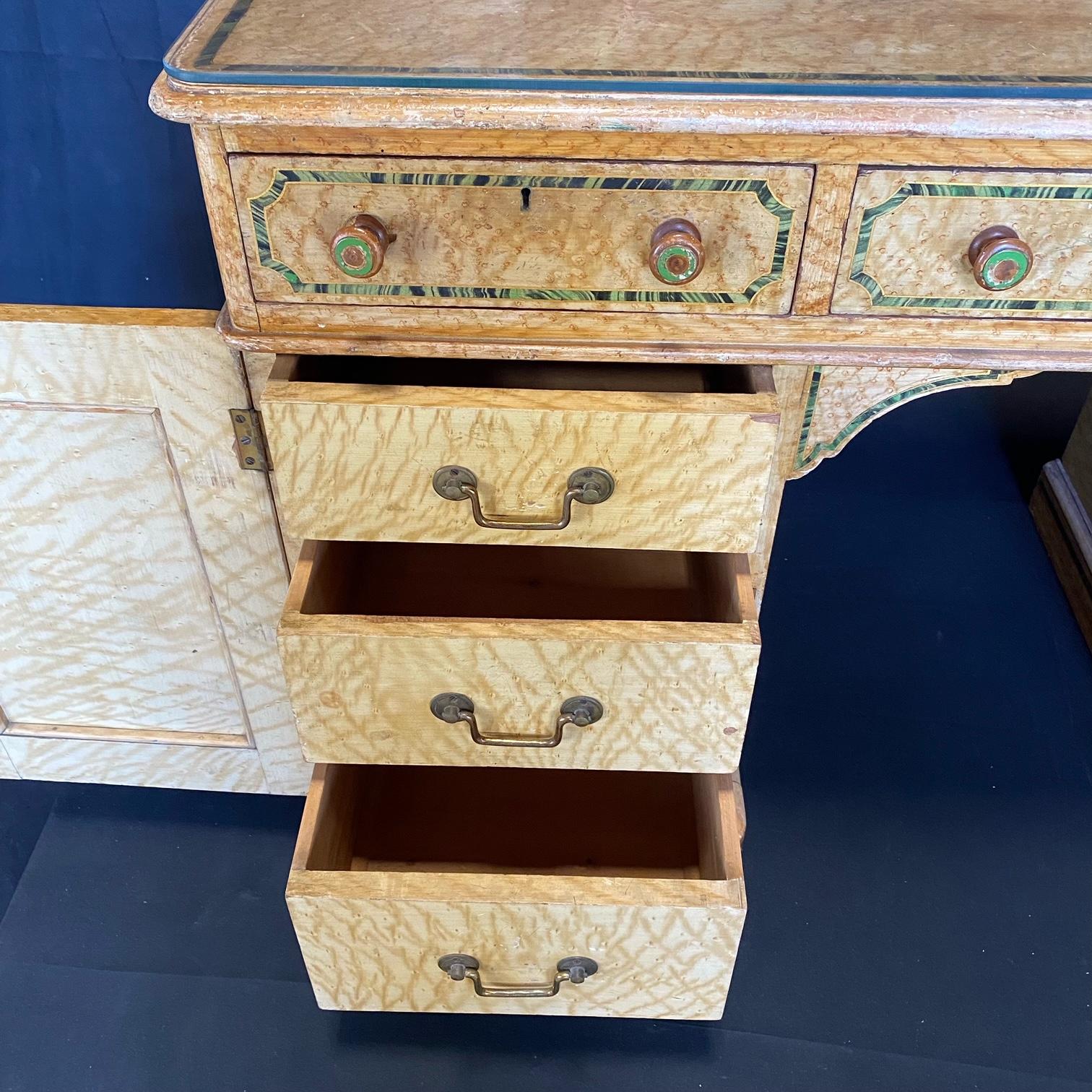 Wood Magnificent English 19th Century Faux Painted Marbleized Pedestal Writing Desk For Sale