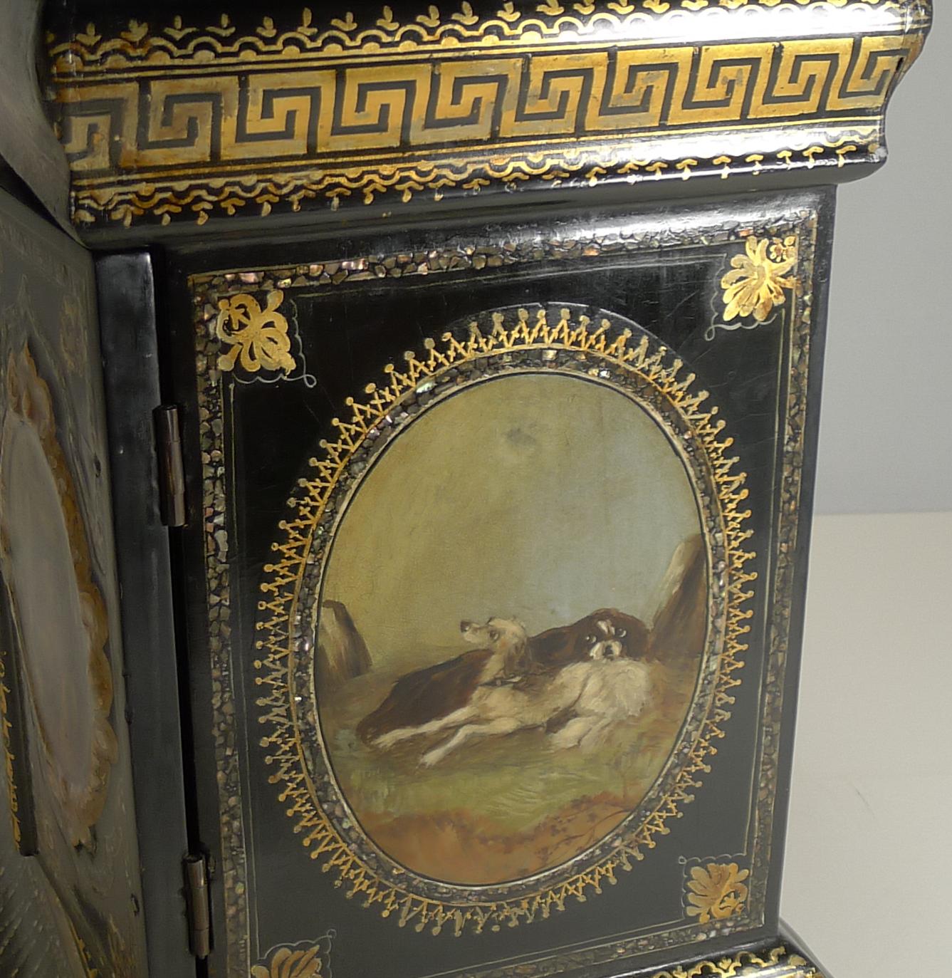 Magnificent English Papier Mâché Jewellery Cabinet / Box, circa 1860, Dogs For Sale 3