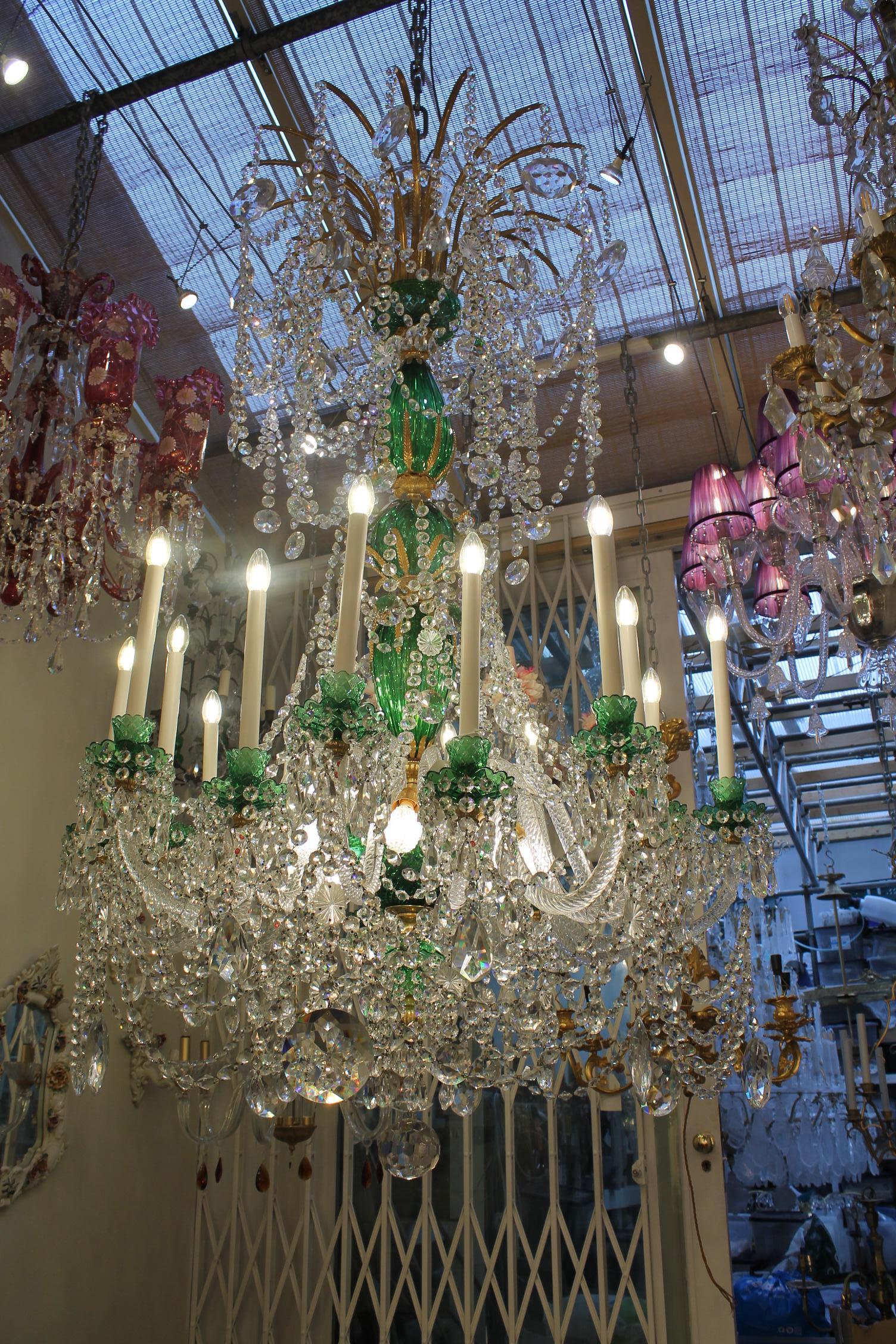 British Magnificent English Perry & Co 2m green & clear crystal chandelie For Sale