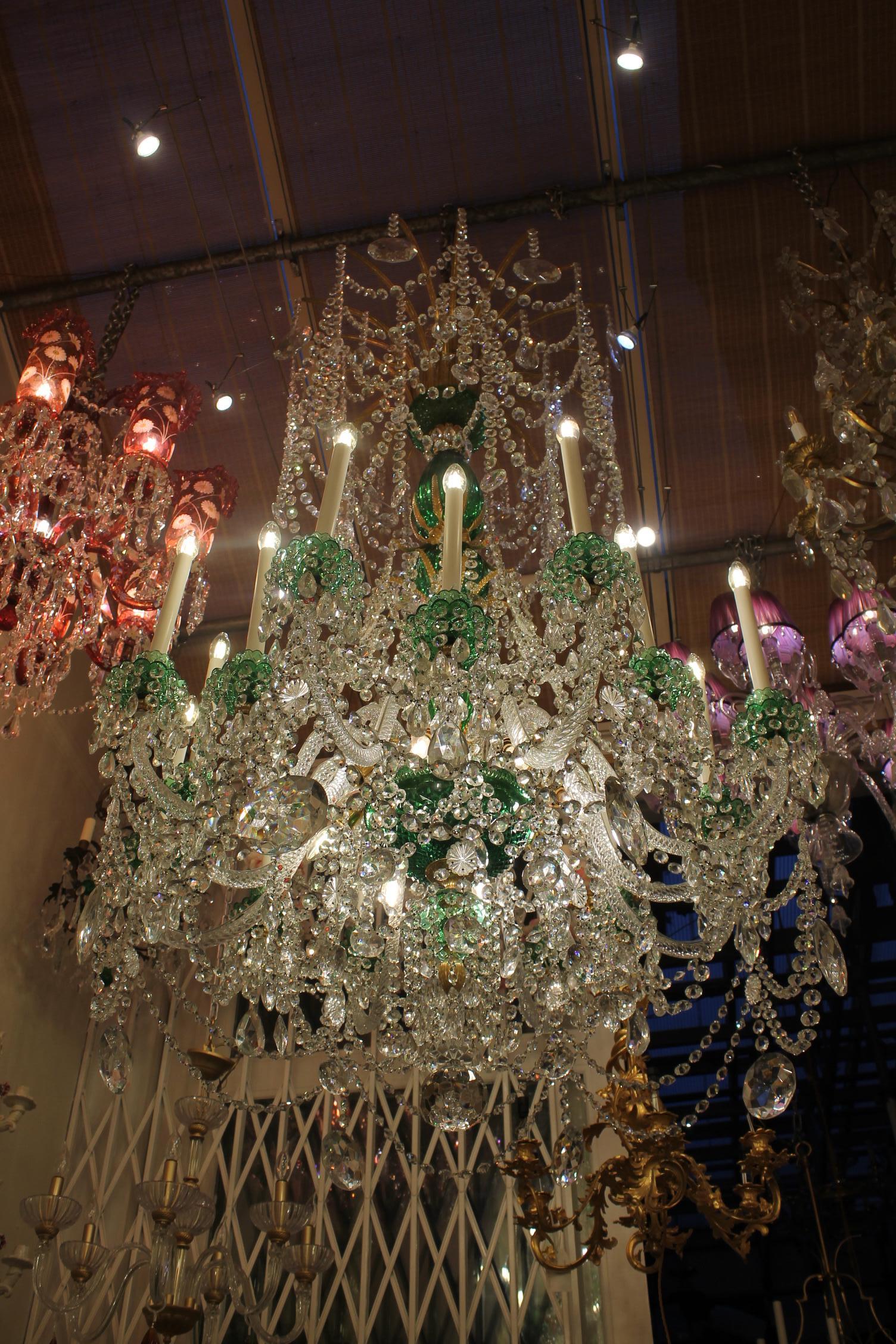 Bronzed Magnificent English Perry & Co 2m green & clear crystal chandelie For Sale