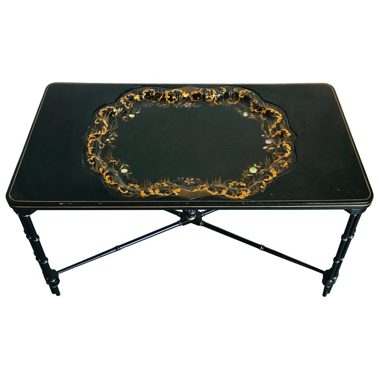 Magnificent English Regency Black Lacquered Tray Top Coffee Table at