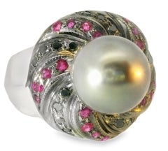 Magnificent Estate 14K White Gold Tahitian Black Pearl Diamond Ruby Ring Band