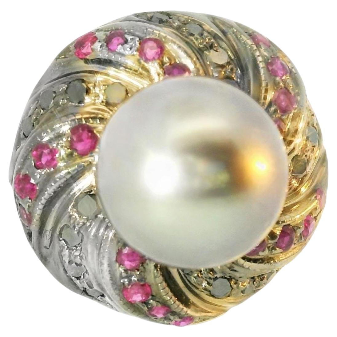 Prächtiger Ring aus 14-karätigem Weißgold mit einer schwarzen Tahiti-Perle, Diamanten und Rubinen