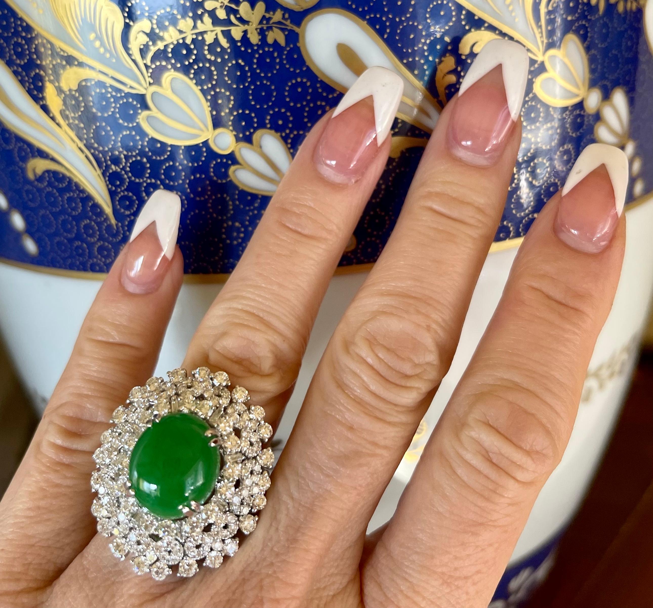 Cabochon Magnificent Estate 21.50 Carat Jade and Diamond 18K White Gold Cocktail Ring
