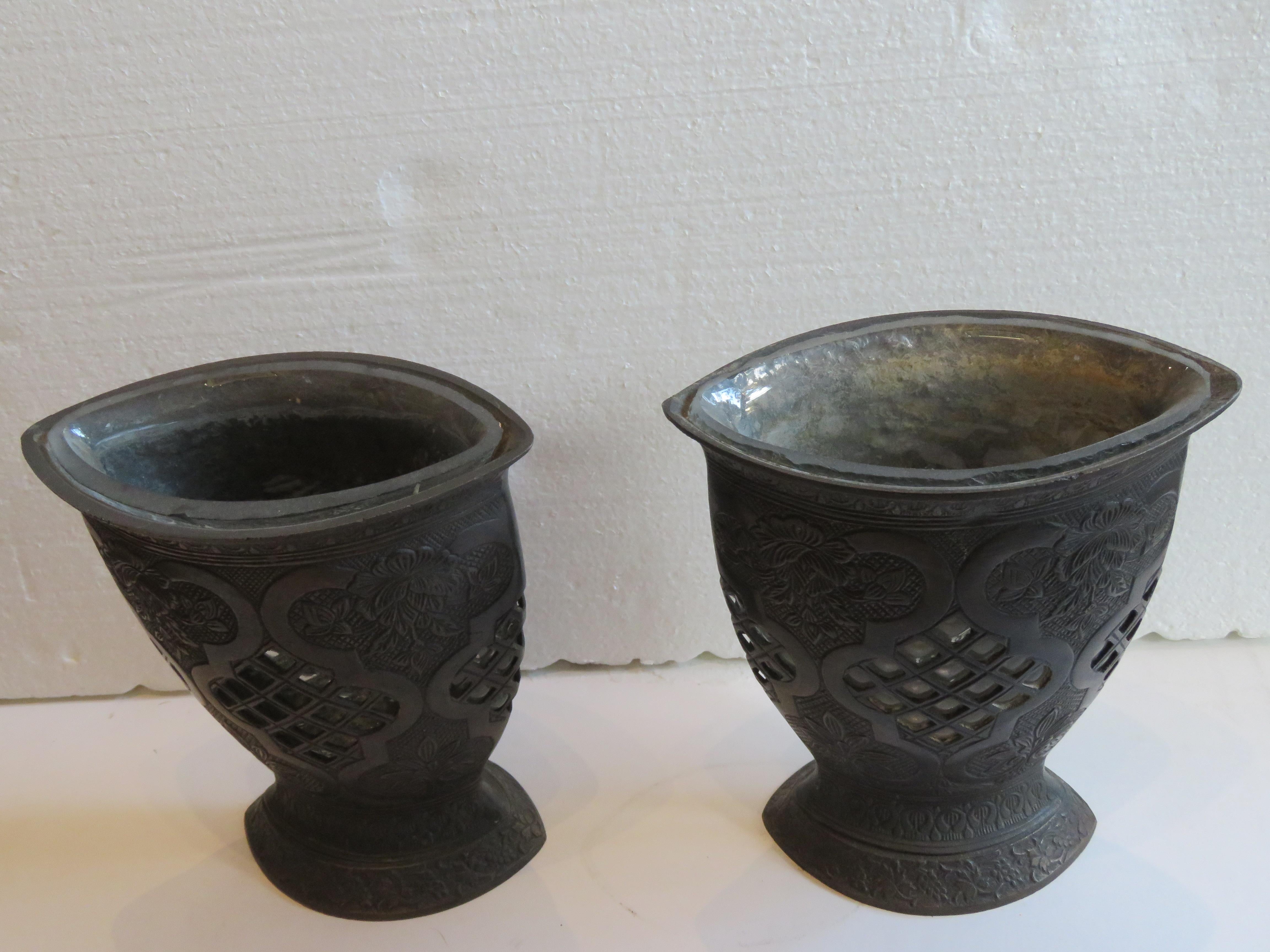 The Following Item we are offering is A Magnificent Large Pair of Beautiful Exquisite Original Estate Bronze and Glass Asian Centerpiece Vases. Beautifully done with Fine Ornate Bronze Scrolling and Accent Detailwork. Original Price $4500. Perfect