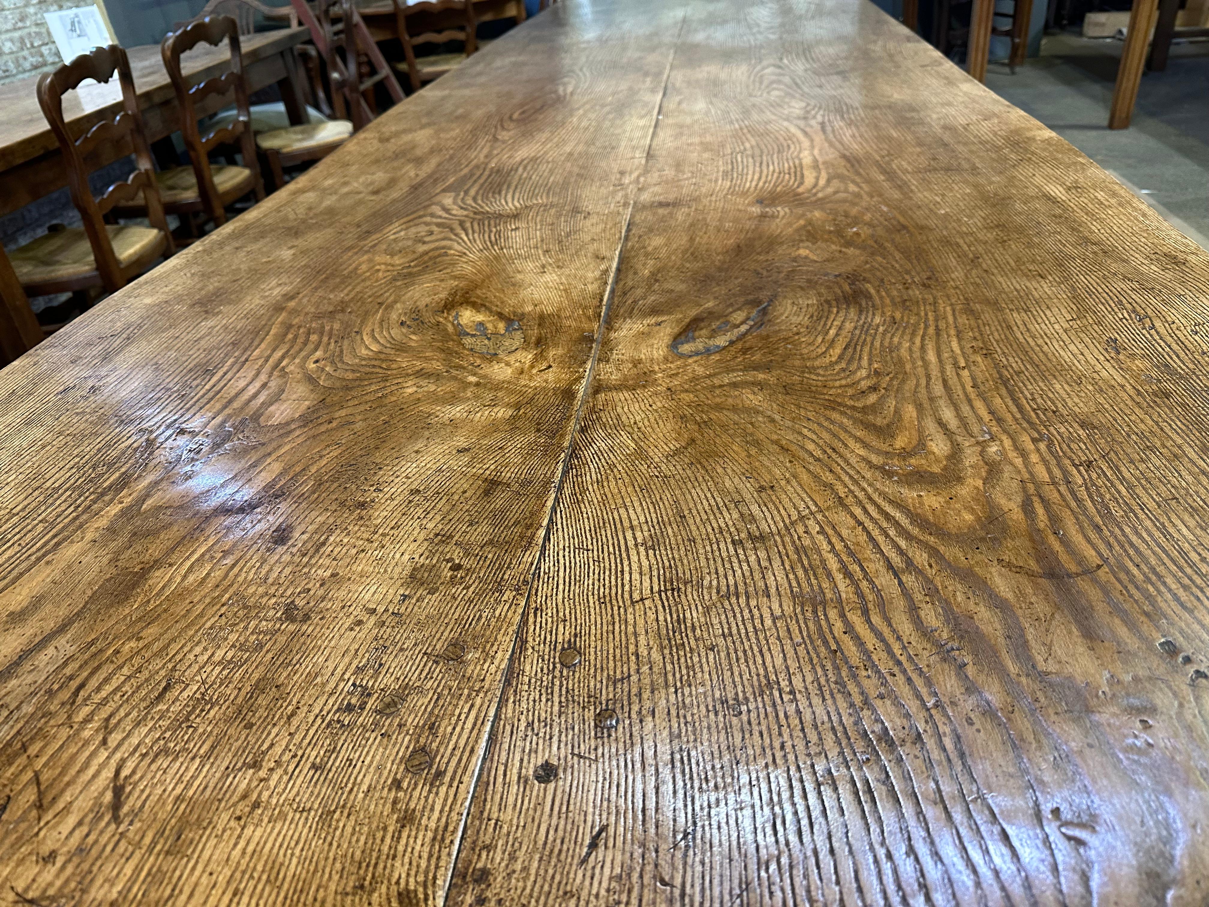 English Magnificent Figured Ash Two Plank Top Refectory Table 