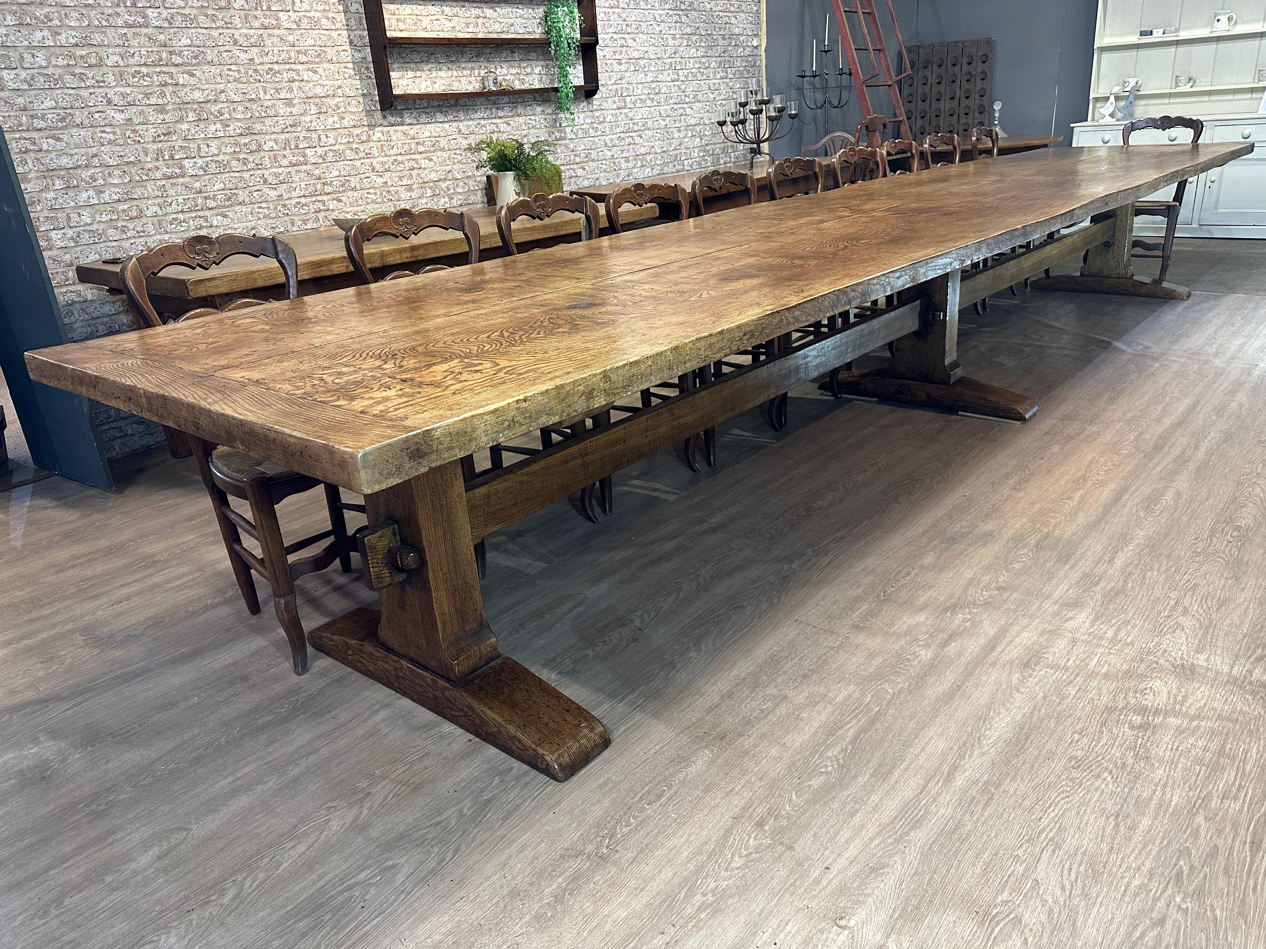 20th Century Magnificent Figured Ash Two Plank Top Refectory Table 