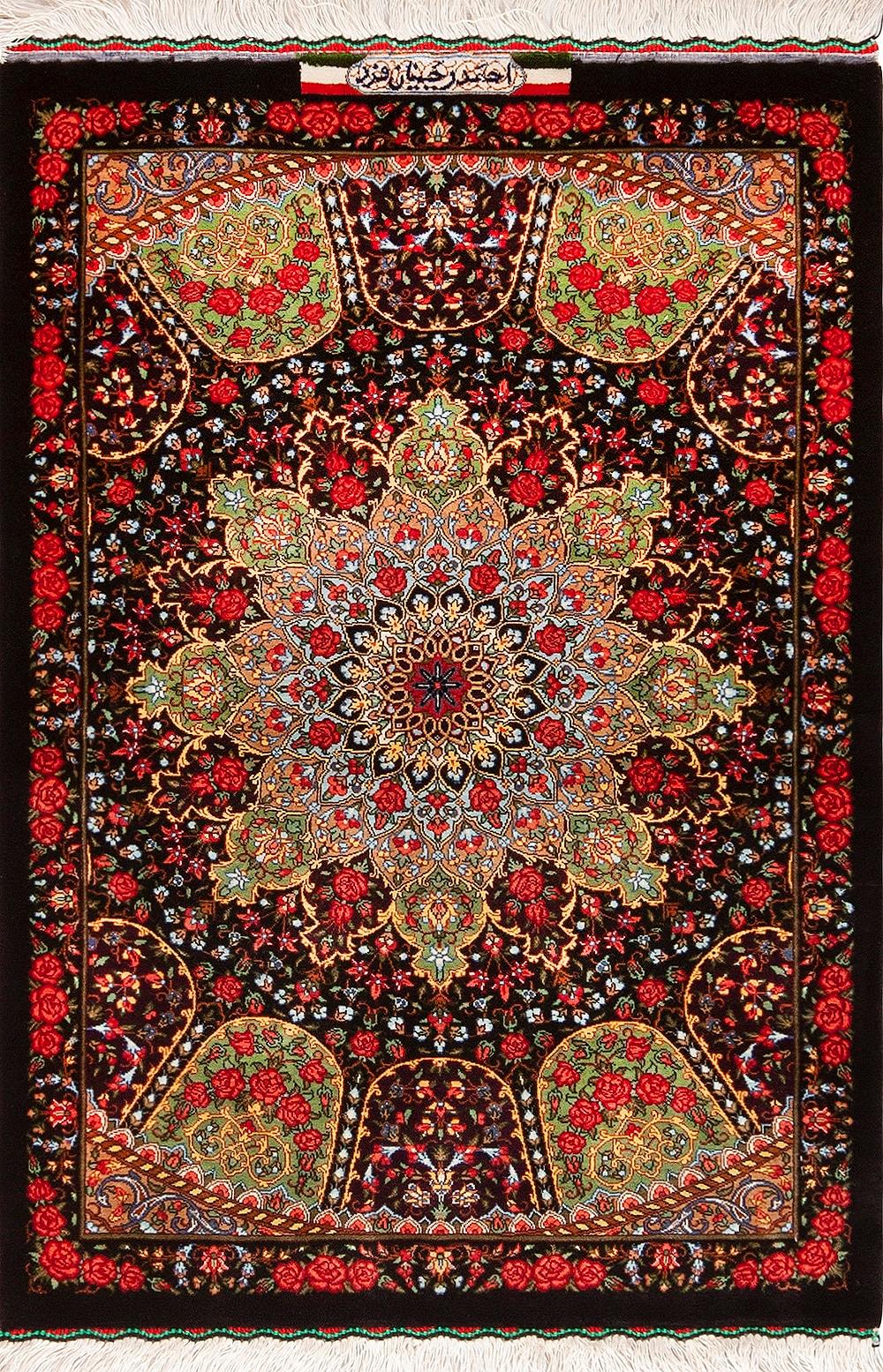 Magnificent Fine Small Size Luxurious Vintage Persian Qum Silk Rug, country of origin: Persian Rugs, Circa date: Vintage