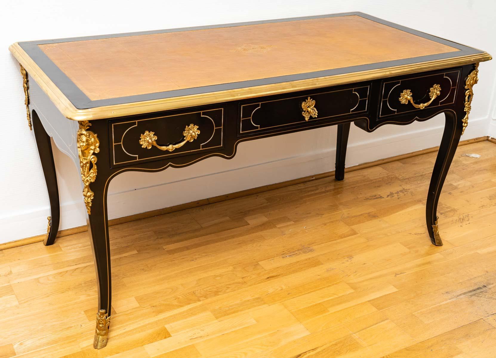 French Magnificent Flat Desk in Blackened Wood and Bronzes, Napoleon III Style For Sale