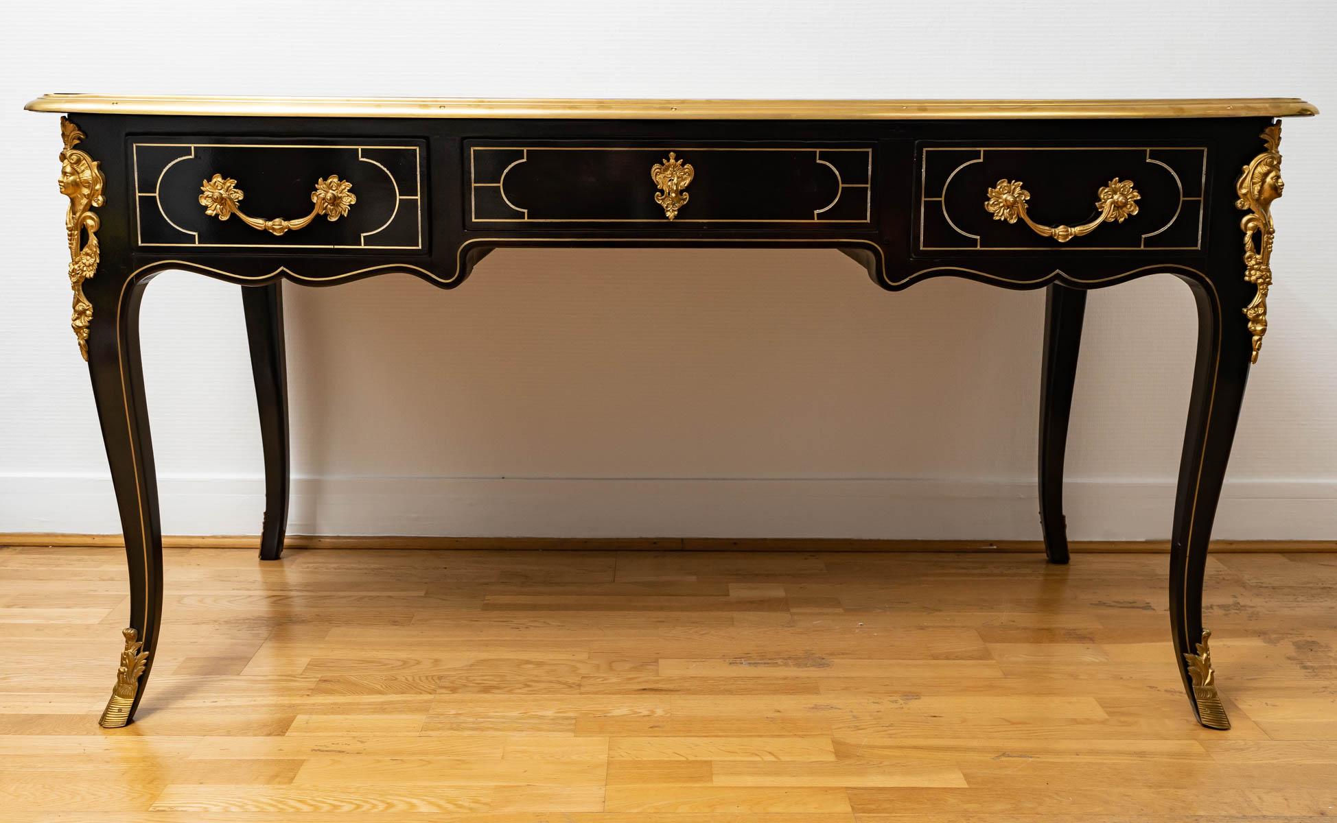 19th Century Magnificent Flat Desk in Blackened Wood and Bronzes, Napoleon III Style For Sale