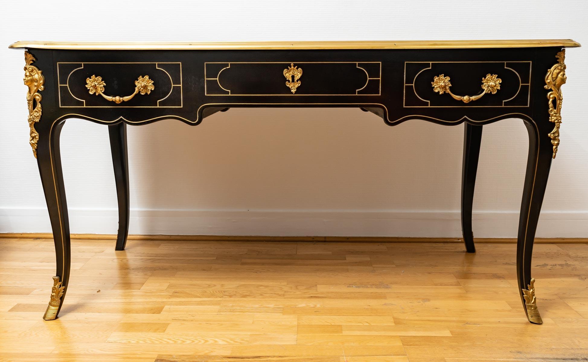 Magnificent Flat Desk in Blackened Wood and Bronzes, Napoleon III Style For Sale 2