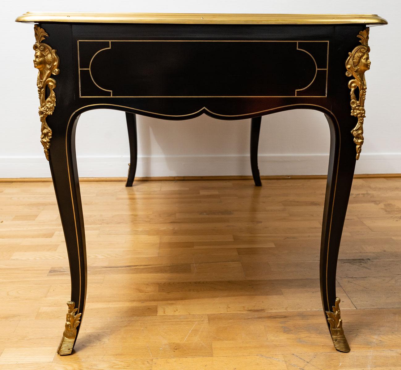 Magnificent Flat Desk in Blackened Wood and Bronzes, Napoleon III Style For Sale 3