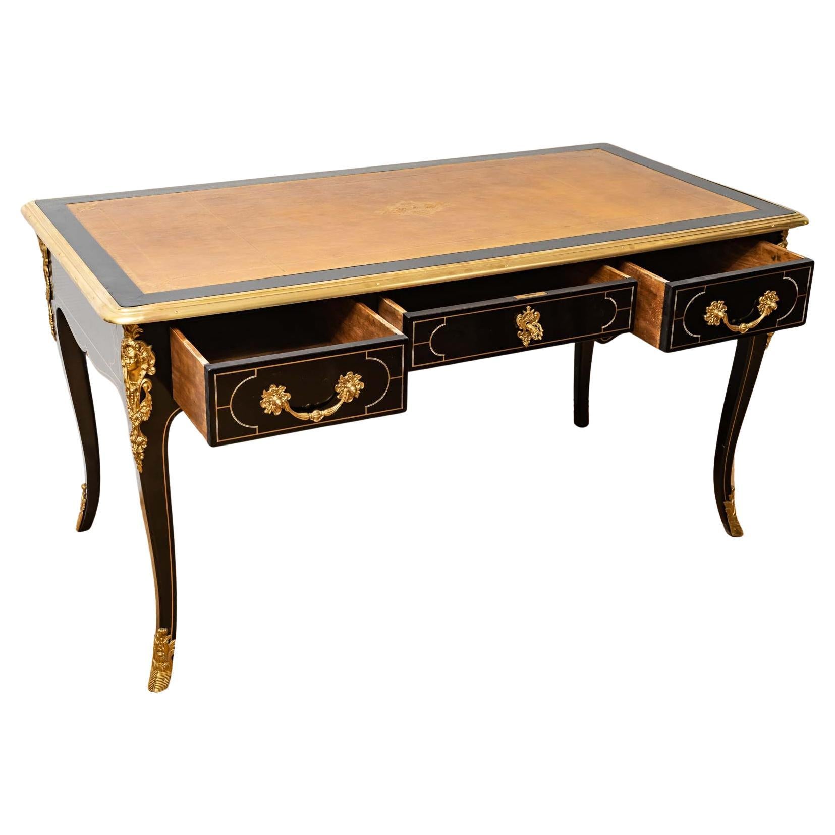 Magnificent Flat Desk in Blackened Wood and Bronzes, Napoleon III Style