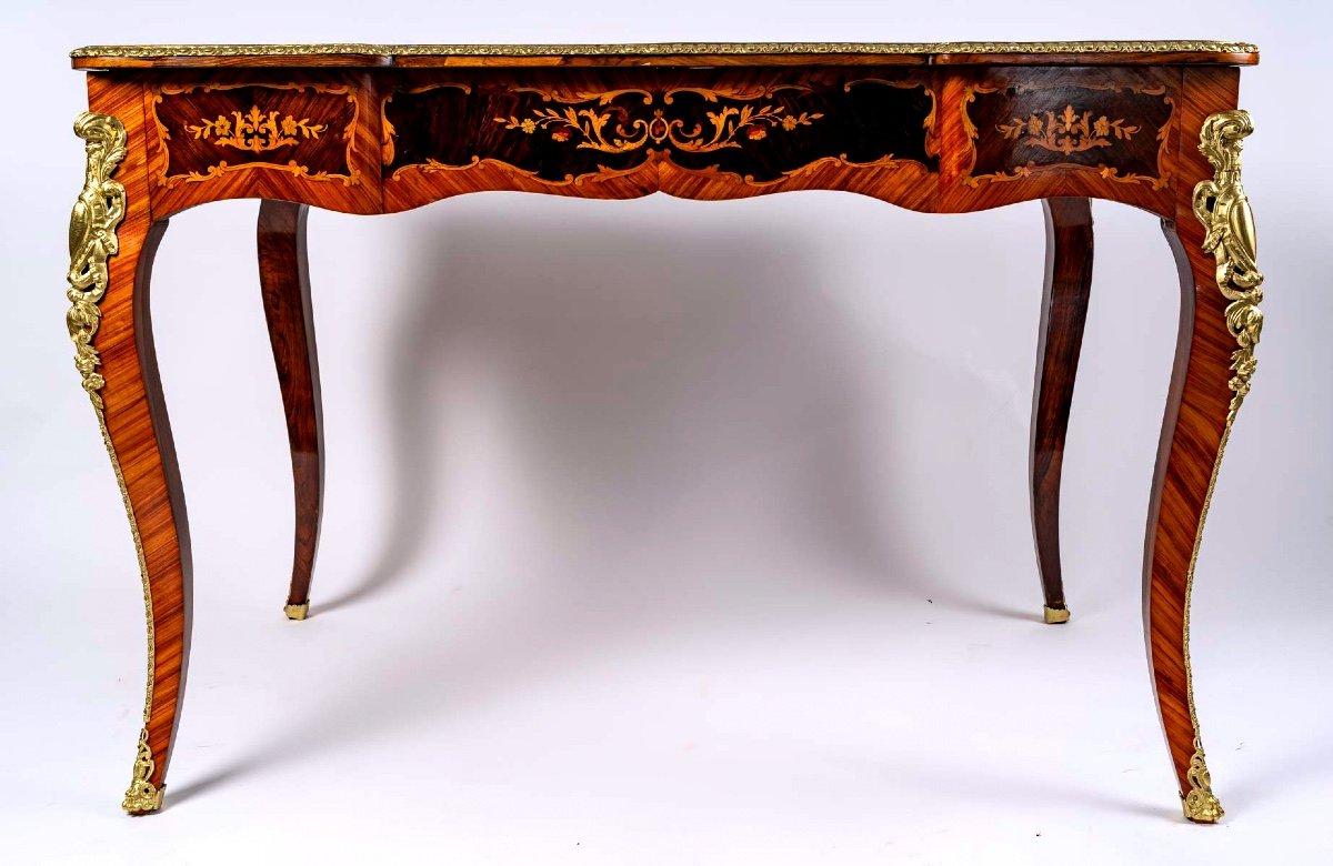 19th Century Magnificent Flat Desk - Louis XV Style - Precious Wood Marquetry -Golden Bronzes For Sale