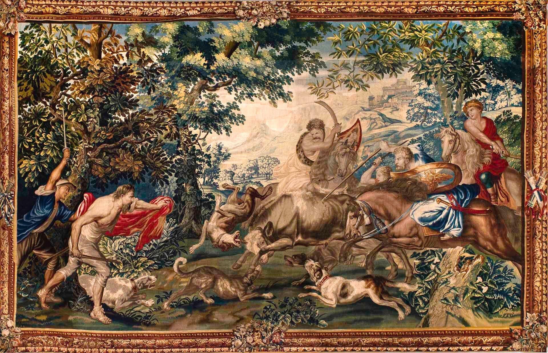 outstanding tapestry in wool and silk, Bruxelles, second half of the 17th century.
Depicting a detailed scene of The Bull Hunting. On the background of the landscape the Monument of Castle Sant' Angelo, reference of the Roman commission. Exceptional