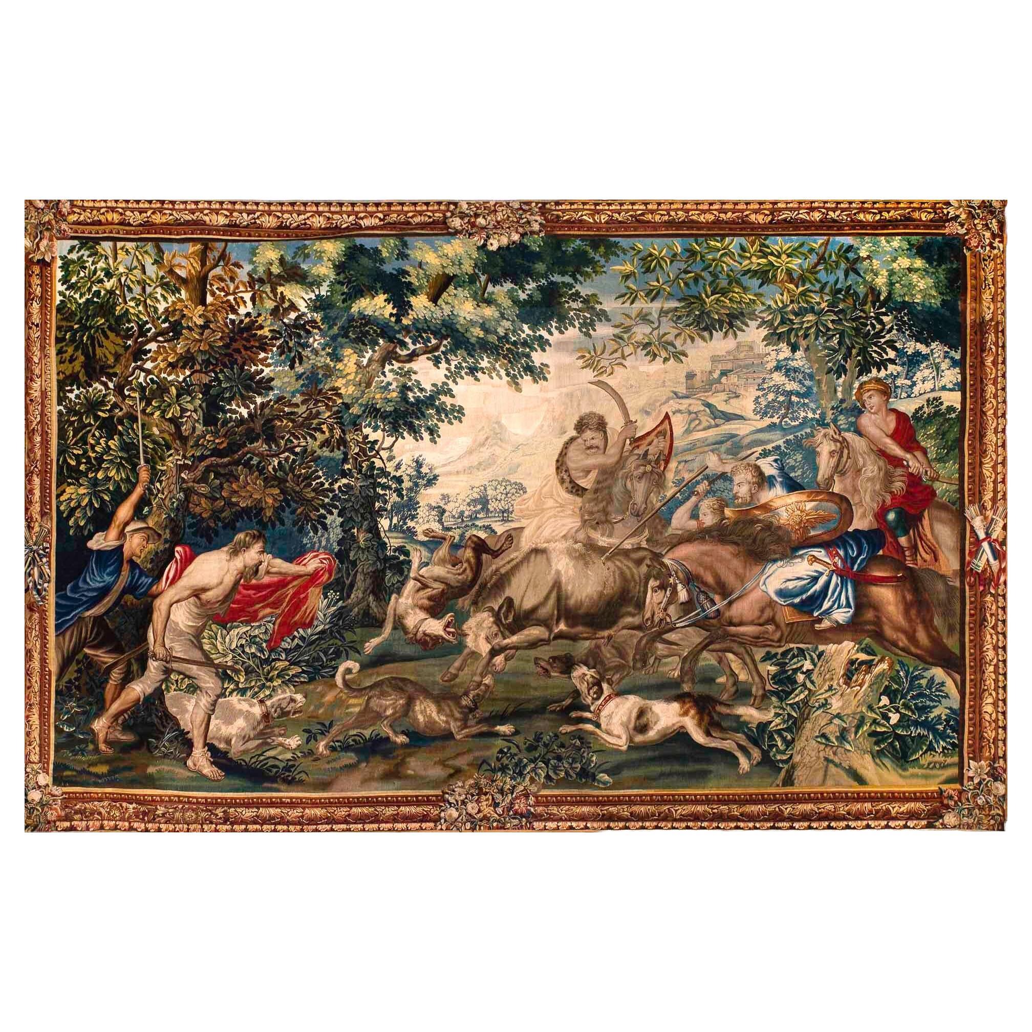 Magnificent  Flemish Historical Tapestry the Bull Hunting, 17th Century For Sale