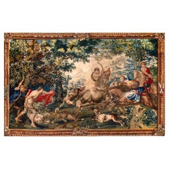 Antique Magnificent  Flemish Historical Tapestry the Bull Hunting, 17th Century