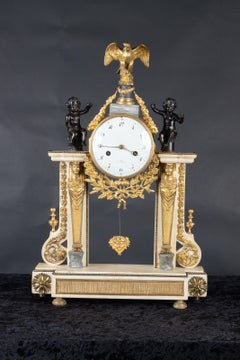 Magnificent French 19th century Empire white marble mantel clock, Bronze d'oré