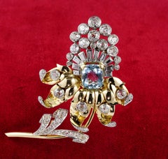 French Aquamarine 6.40 Carat Diamond Rare Flower Brooch